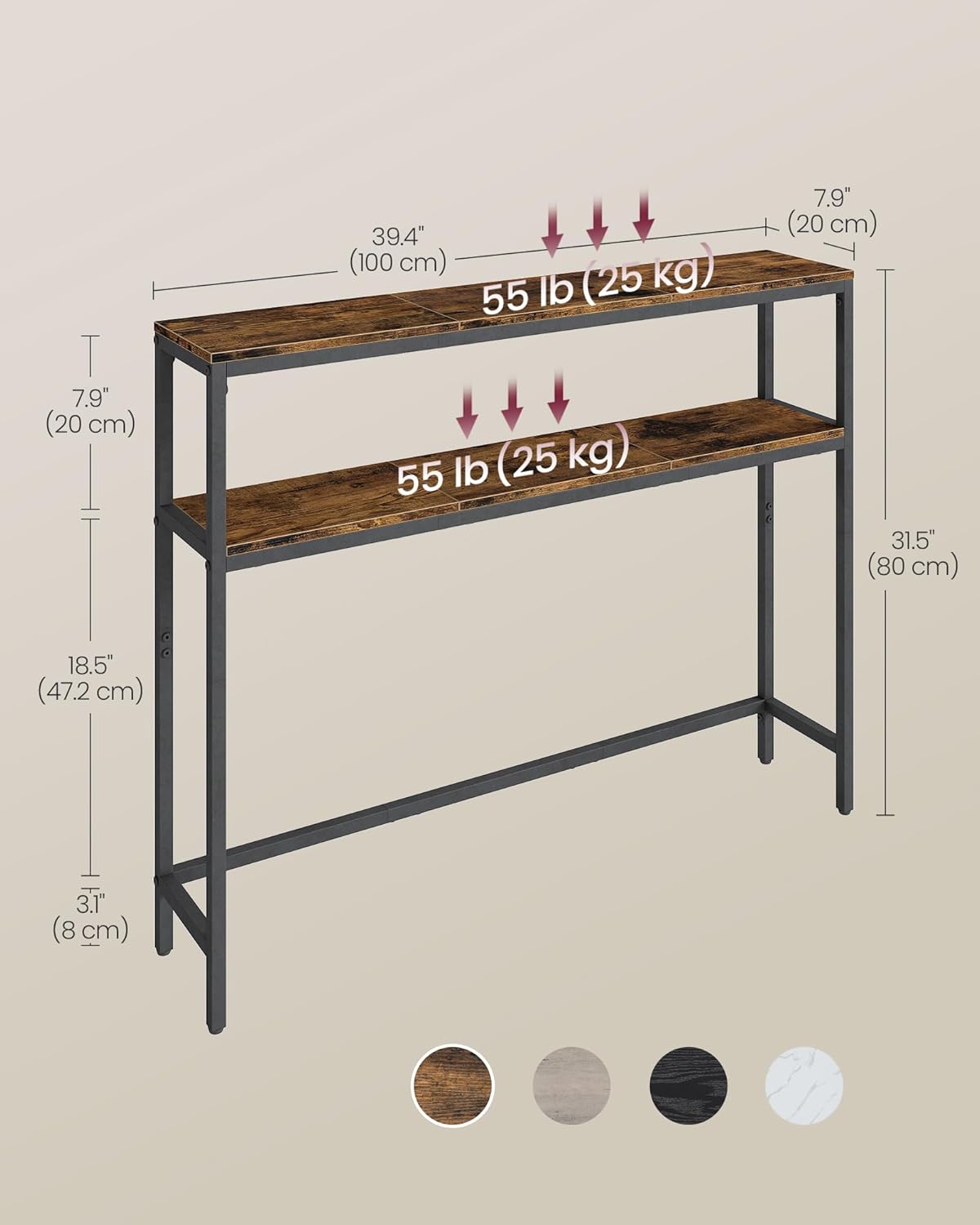 Diagram showing the dimensions and weight capacities of the VASAGLE Console Table.