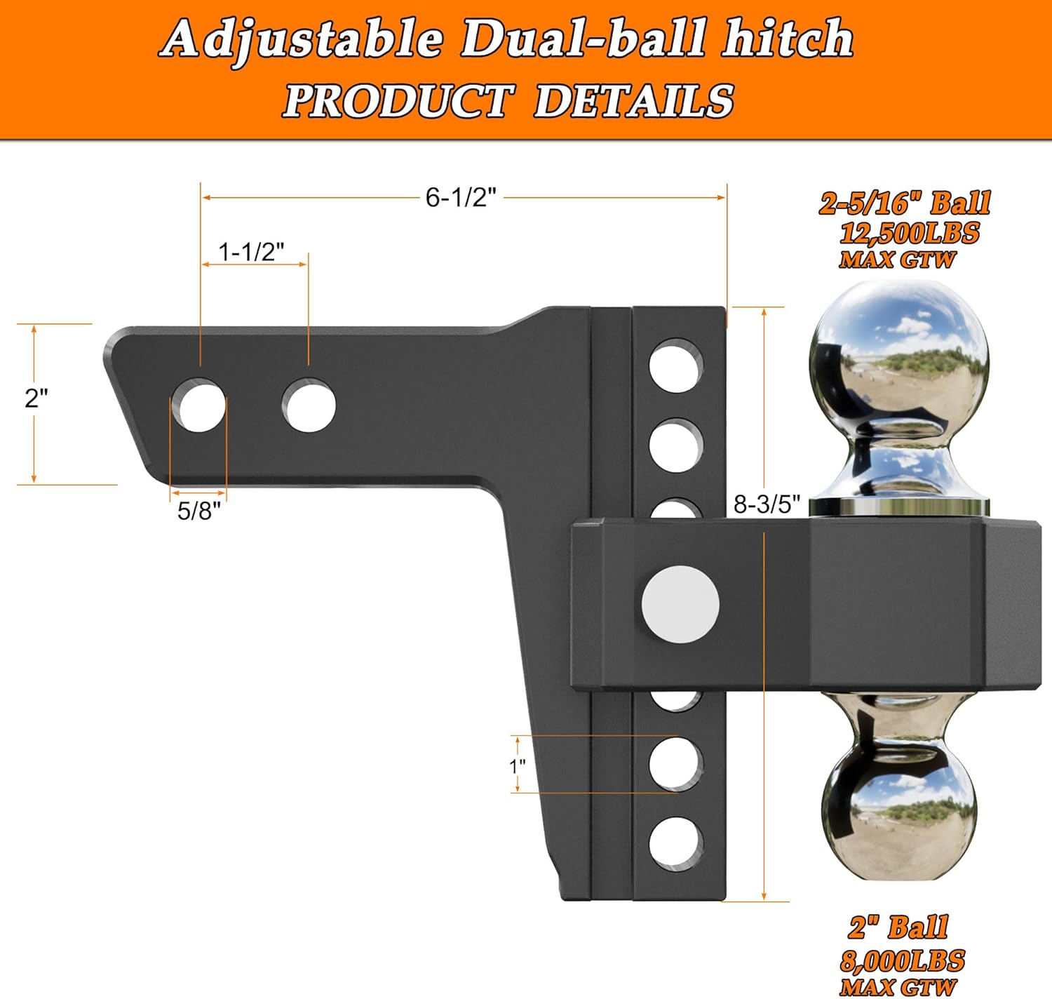 VNN Adjustable Trailer Hitch - Fits 2 Inch Receiver Only, 6 Inch Drop/Rise Aluminum Drop Hitch, Heavy Duty Dual Ball Mount (2" & 2-5/16") 12,500 LBS GTW, Black