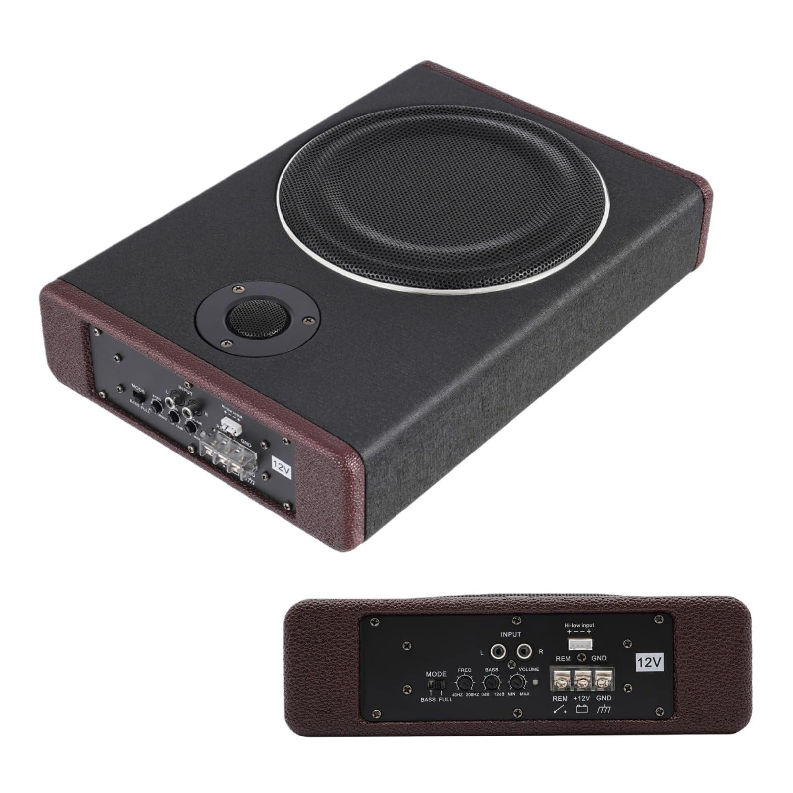 Subwoofer Actif de Voiture de 8 Pouces 600 W 12 V avec Haut-parleur Actif et Caisson de Basses Amplificateur, Corps en Bois, Cuir Synthétique, Noir