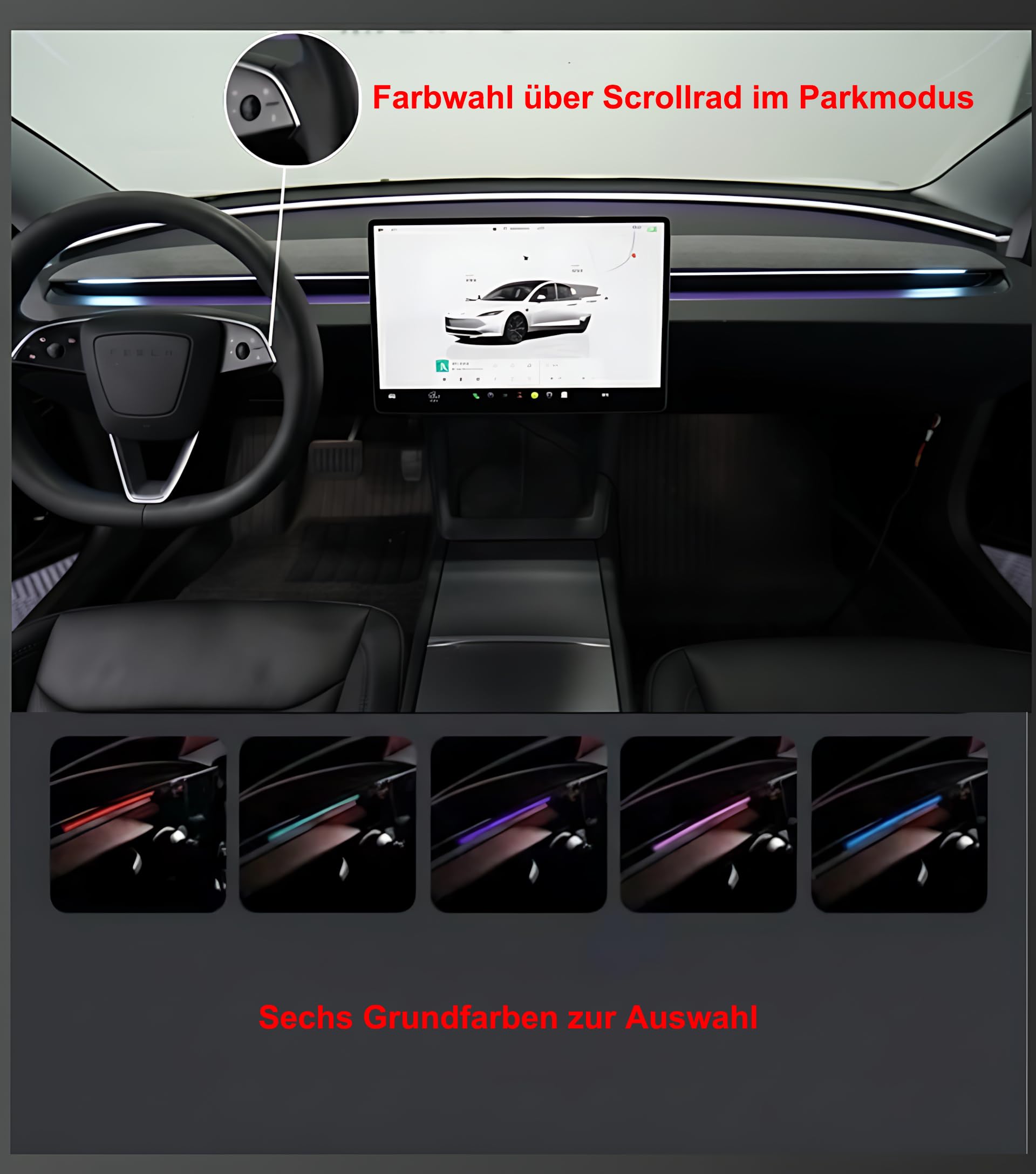 M.I.C. LED-Ambientelicht-Lichtleiste mit BSD – Totwinkel-, Geschwindigkeits & Türwarnung, farb- & helligkeitsregelbar, Plug-&-Play, ohne Kleben – in den Spalt gesteckt, passt für Model 3/Y ab 2021