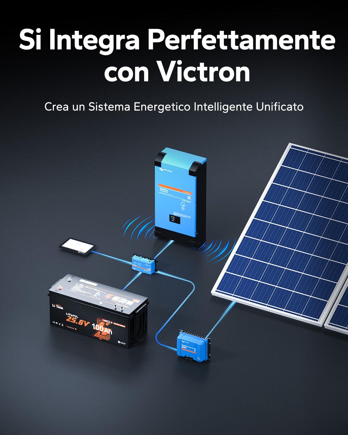 LiTime Batteria Litio 24V 100Ah LiFePO4 con Bluetooth supporta Victron, CAN/RS485, BMS 100A, 4000-15000 Cicli, Protezione Temperatura, Ideale per Camper, Barche, Sistemi Off-Grid
