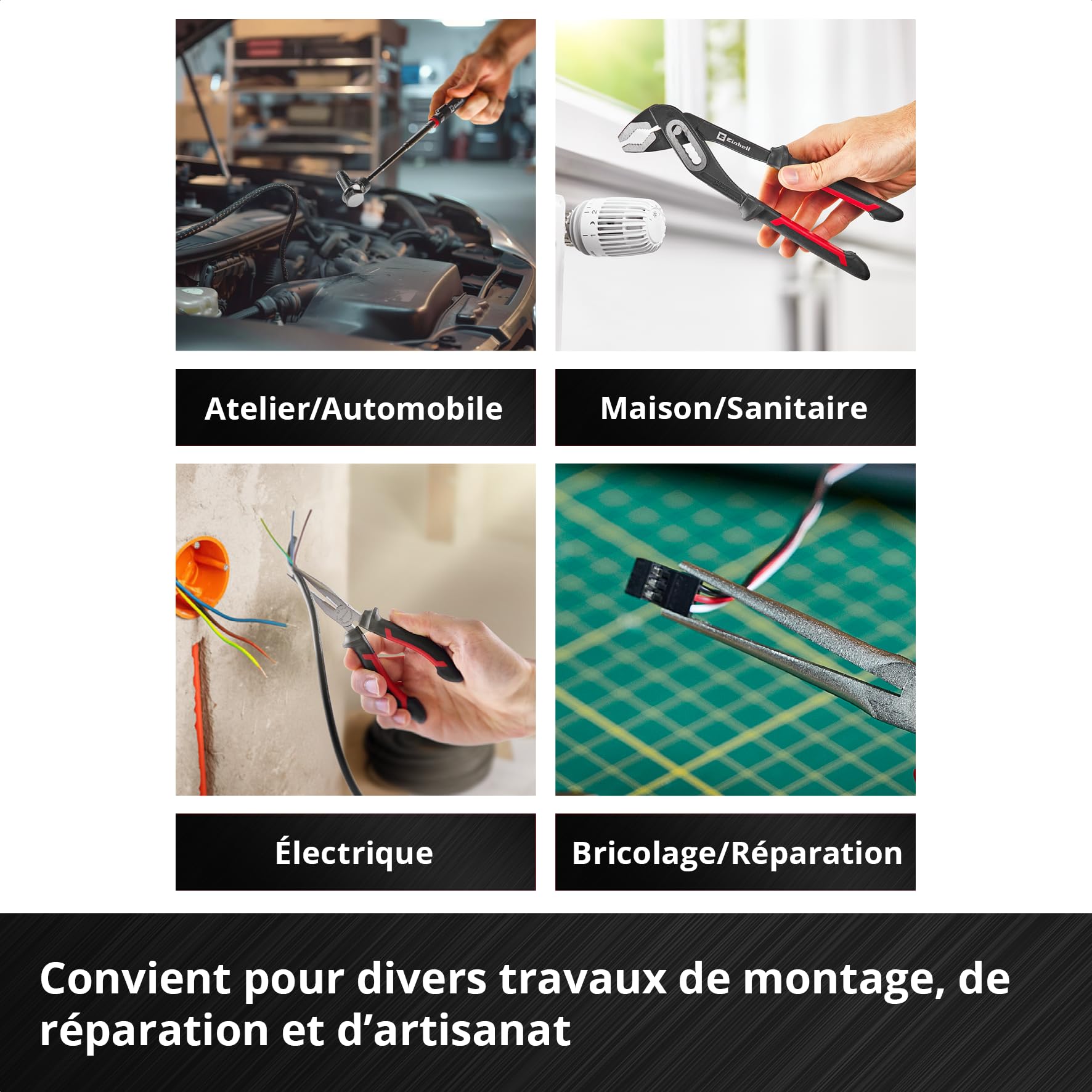 Original Einhell E-Case Pad 9 pièces pinces (set de pinces à circlips, pince multiprise, pince universelle, pince à bec long, pince coupante, aimant télescopique, système E-Case)