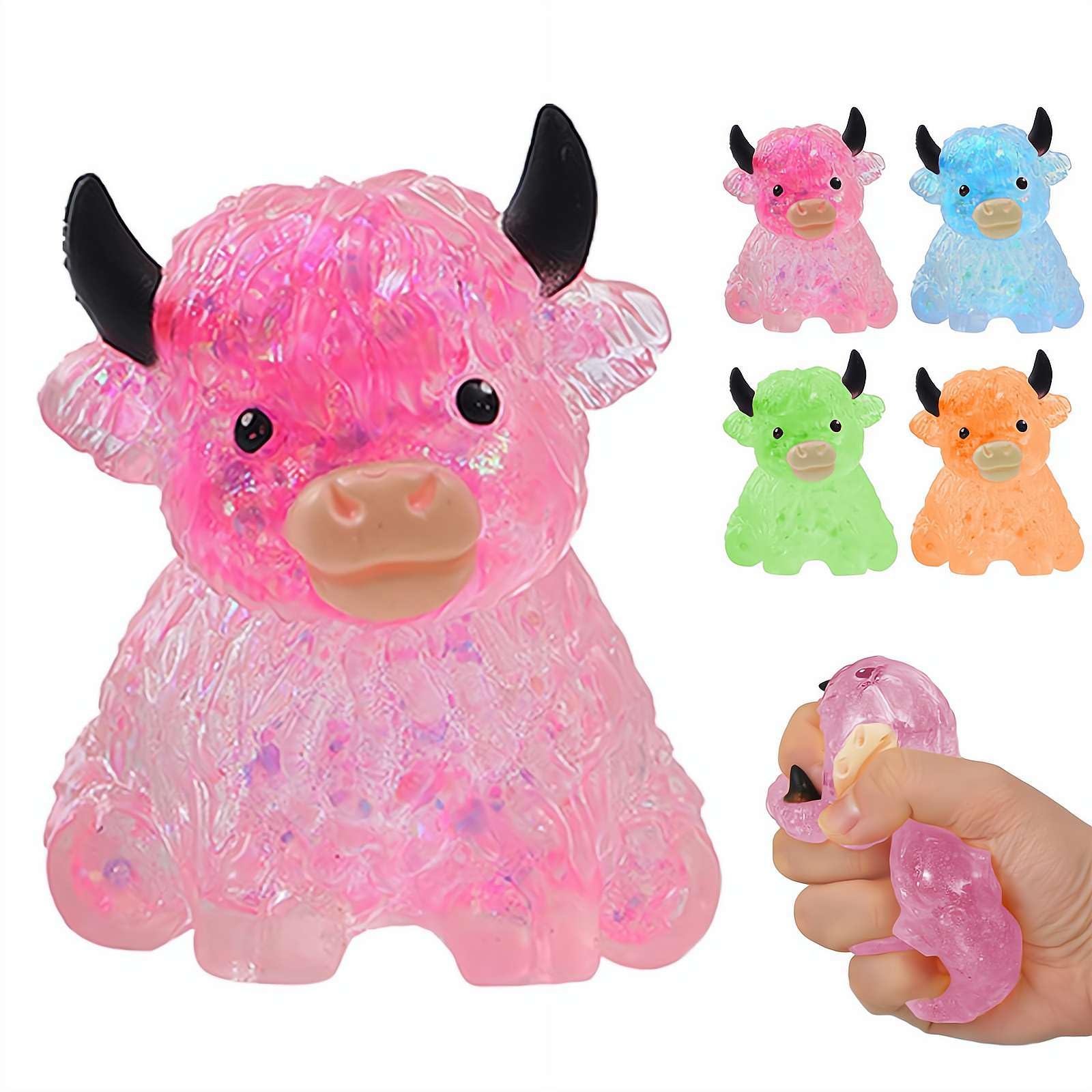 Glitter Highland Cow Squishes Fidget Toy, Cute Cow Squishes Stress Ball, Slow Rising Maltose Squeeze Cows Toys, Soft Fidget Cows Toy Sugar Ball for Kids Adults, Desk Accessories (Pink)