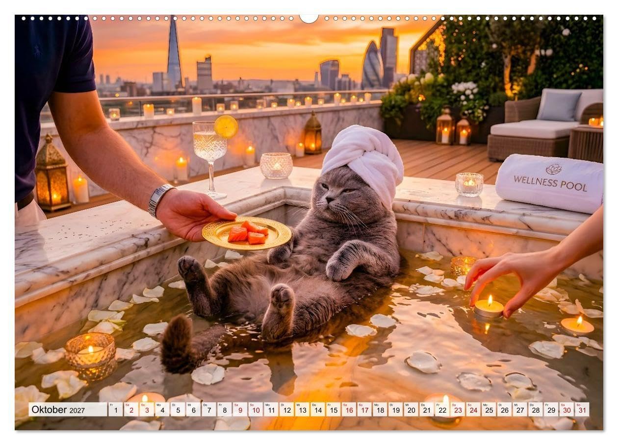 Alles für die Katze - Herrschaft Deluxe mit Charme und Wellness (Wandkalender 2027 DIN A2 quer), CALVENDO Monatskalender: Sanfte Pfoten genießen ein Jahr voller Wohlfühlmomente.