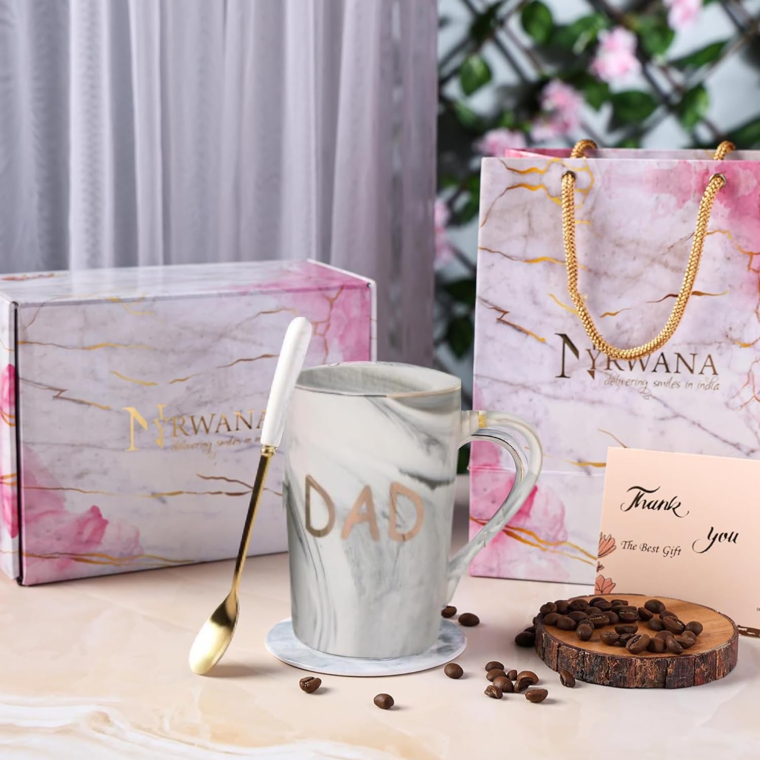 NYRWANA Coffee Mug, Birthday Present for Man, Mugs for Present, Ceramic Mug, Gift for Men Special Unique, Birthday Gift for Dad, Ceramic Mug, Cute Mugs with Spoon, Box & Bag (400ml - Grey)
