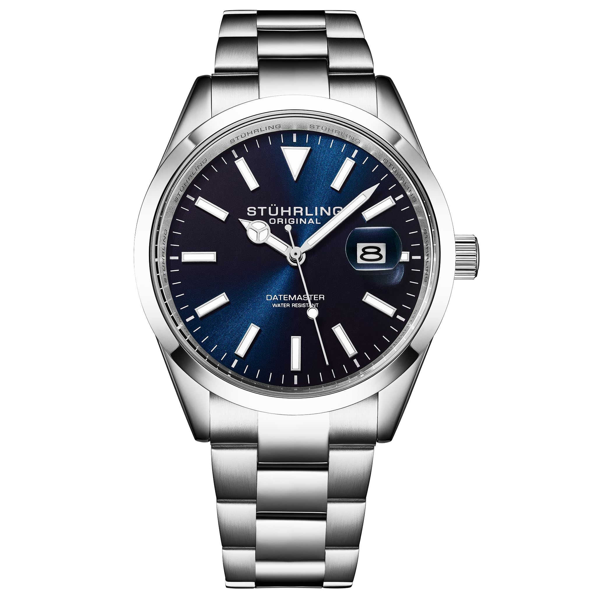Stuhrling Original Datemaster Quartz Men’s Watch – Japanese Quartz Movement, Stainless Steel Band, Sunray Dial, Luminous Hands, Date Window, 100M Water Resistant