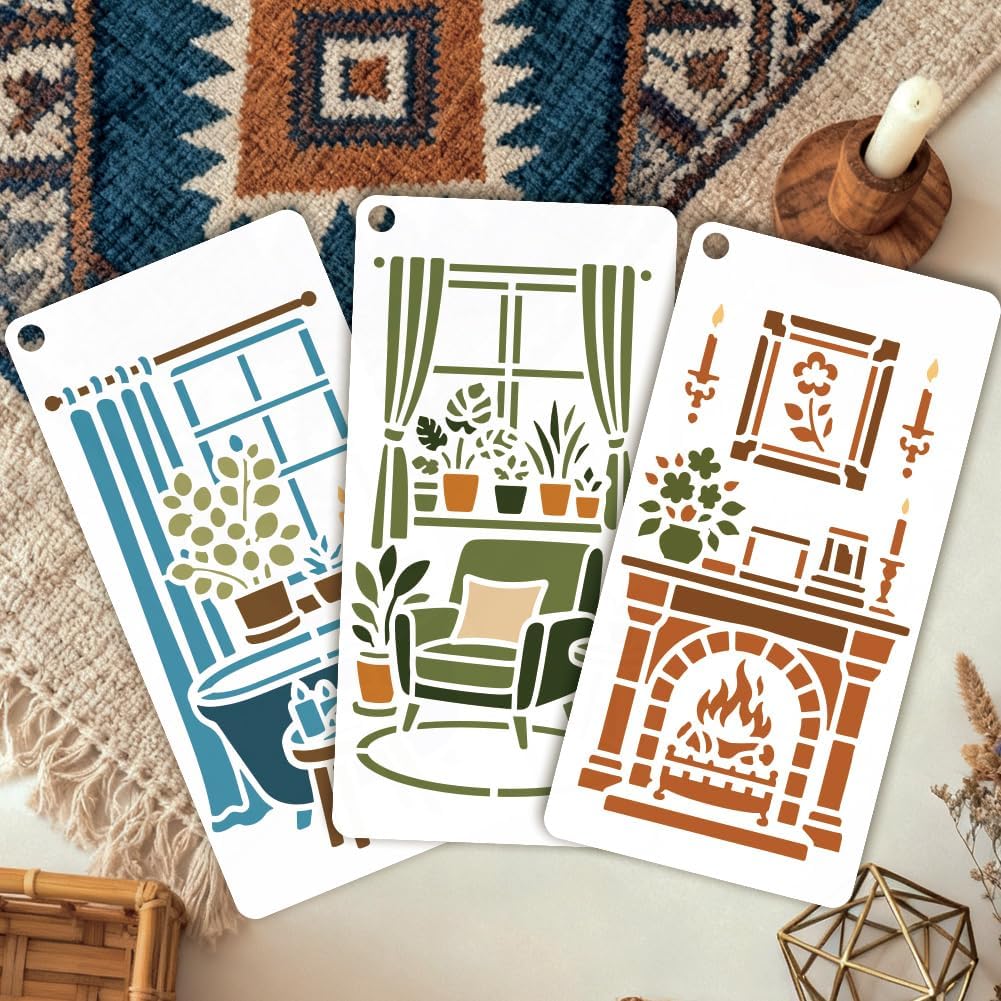 12 Sheets Cozy Home Scene Stencil for Painting, Room Furniture Drawing Templates Reusable PET Interior Design Stencils for Painting on Wall Wood Home Decor image 4