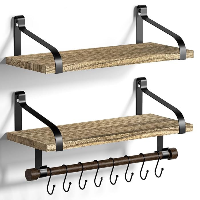 Orapoke Two-Tier Wall Shelf with Hooks, 17" Coat Rack Wall Mount with Shelf