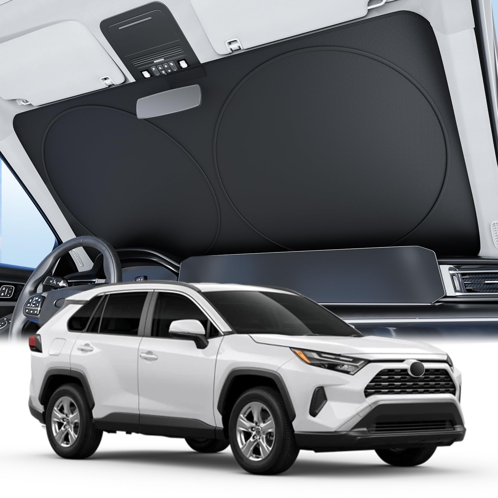 Wigoo 2025 Upgrade Car Windshield Sun Shade [100% Light Block, 4th-Gen Cooling Tech] Foldable Heat Insulation Interior Sun Visor with Storage Bag for Sedans/SUVs/Hatchbacks (M (64"x32")