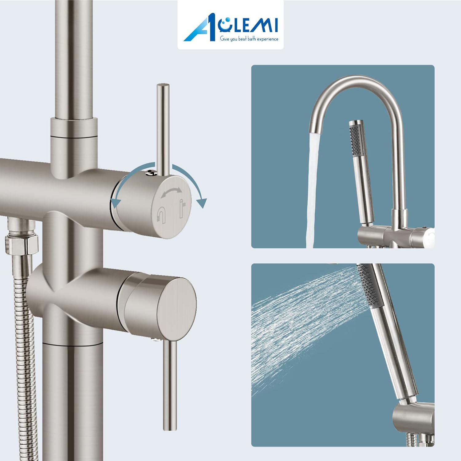 Aolemi Floor Mount Bathtub Faucet Freestanding Tub Filler Brushed Nickel Standing Faucet with Handheld Shower Mixer Taps Swivel Spout 10’’ Shower Head Combo Set Wall Mount Bathroom Shower Mixer Faucet