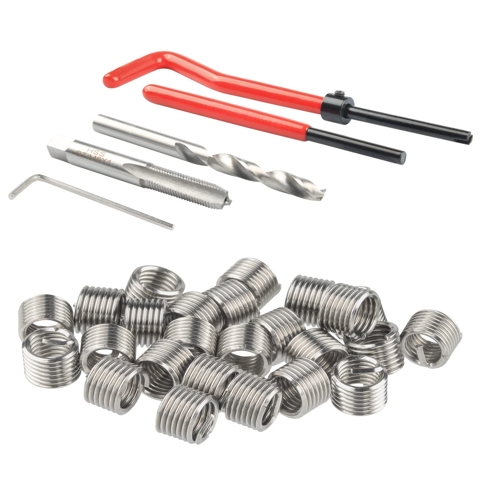 Set di riparazione filettature M6 30 pezzi, set di riparazione filettature, utensile manuale metrico, compatibile, inserto interno a filo, kit elicoidali, manicotto filettato, kit di utensili