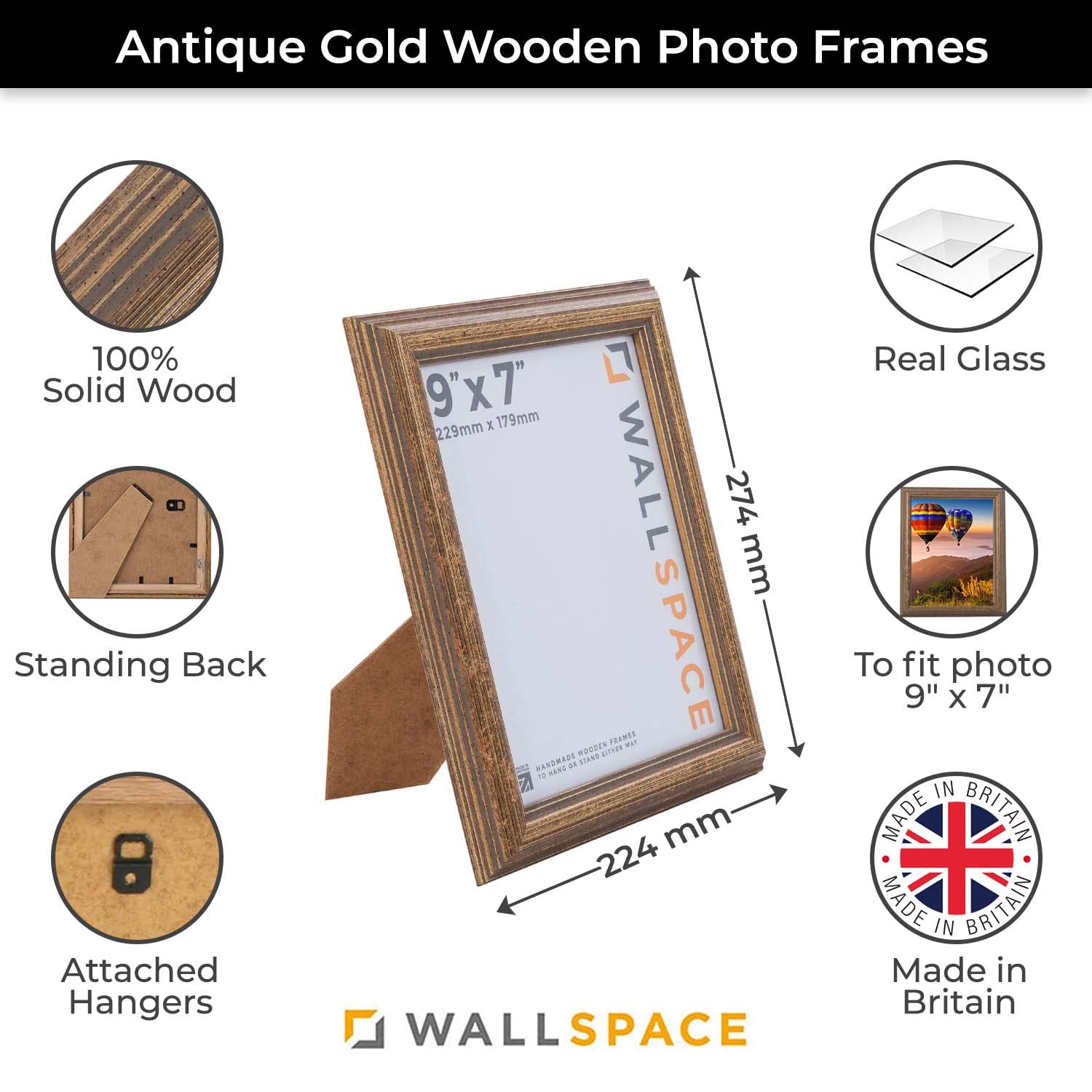 Wall Space 9x7 Gold Frame | Antique 9x7 Gold Picture Frames | 9 x 7 inch Gold Photo Frame | Wooden 9x7 Gold Frames | All Wooden 9x7 Gold Photo Frames are made from SOLID WOOD and have REAL GLASS - Image 2