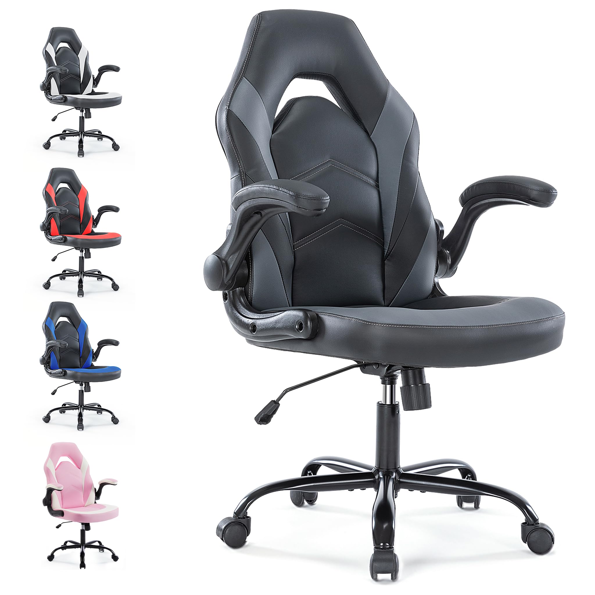 Ergonomic Gaming Chair with Adjustable PU Leather Seat, Flip-Up Armrests, and Swivel Design, Perfect for Home Office, Gaming, or Entertainment – Ideal for Adults, Kids, and Gamers, Grey/Black
