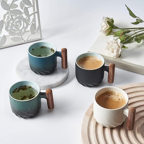Miniatura 9 de Tazas de café expreso de cerámica con mango de madera, tazas de té de cerámica, tazas Demitessa de porcelana para café o té, 3 onzas (negro, 2)