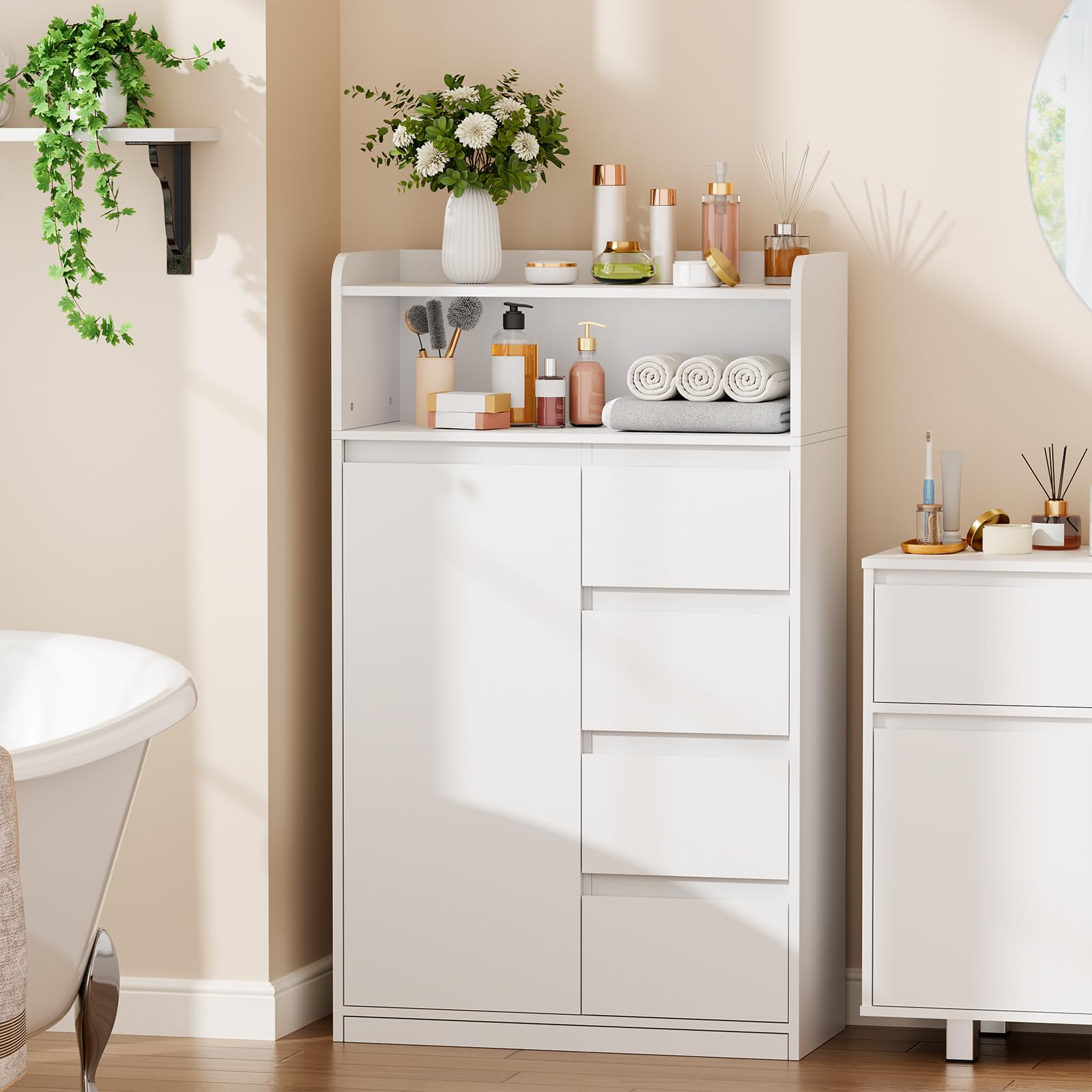 ANWBROAD Armario de Baño con 4 Cajones, 1 Puerta de Armario y Estantes Ajustables, Armario de Almacenamiento para Baño, Salón, Cocina, Blanco, 110 x 60 x 30 cm, SBC014W
