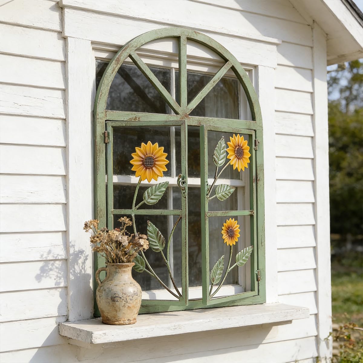 Rustikale Deko-Fenster mit Bogen zum Öffnen Stallfenster auf Platte Eisenfenster Scheunenfenster Wetterfest Fensterrahmen Fensterladen Fenster Attrappe Wanddekor für Gartendeko Grün S