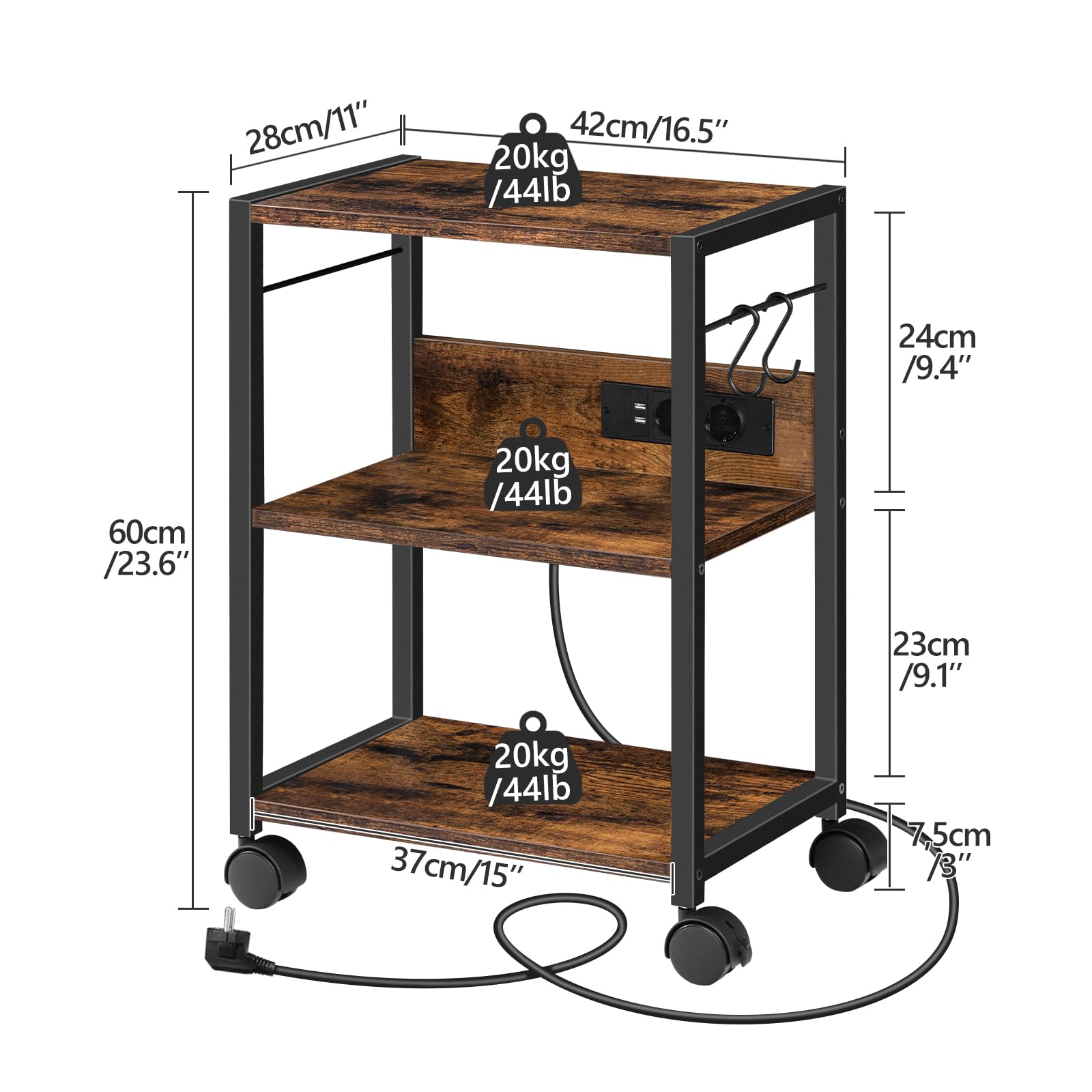 MAHANCRIS Chariot d’Imprimante de Style Industriel, Support d’Imprimante Roulant à 3 Niveaux, Étagère à roulettes avec 2 Prises et 2 Ports USB, pour Bureau, Salon, Marron Rustique et Noir APTHR40UE01