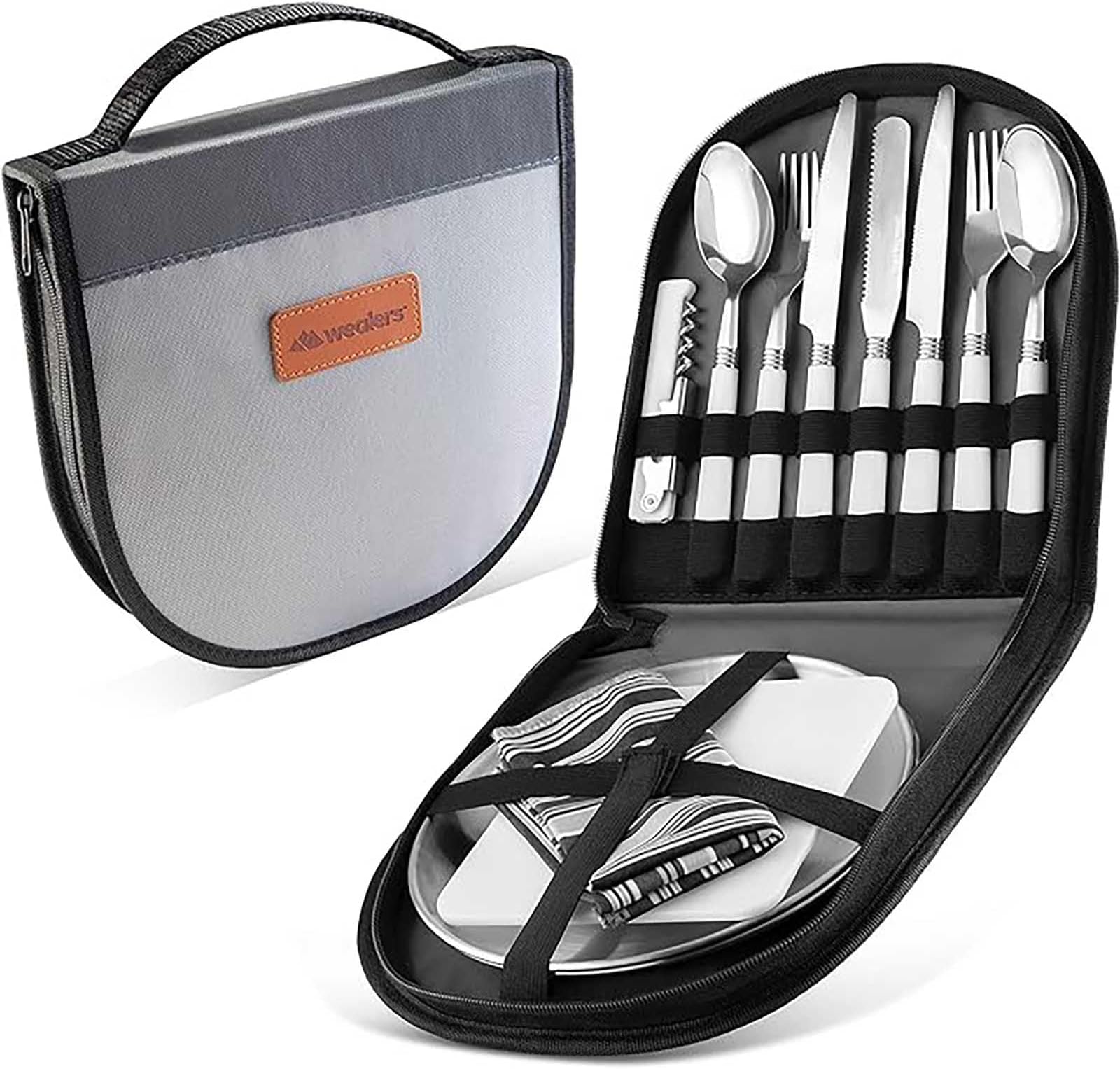 Tazweeq Camping Cutlery Organiser Utensil Picnic Set, 12 Piece Cutlery Set for 2, Stainless Steel Plates, Spoons, Butter Knife and Serrated Knife Wine Opener, Forks, Napkins