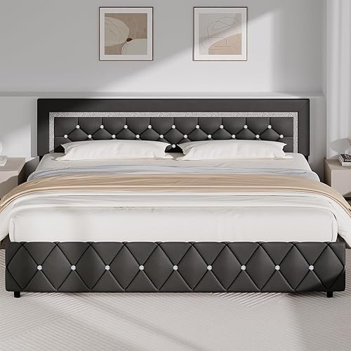 Miniatura 65 de BarnFurin - Base de cama matrimonial con cabecera capitoné, plataforma tapizada con diseño de diamante, base de colchón, soporte de listones de