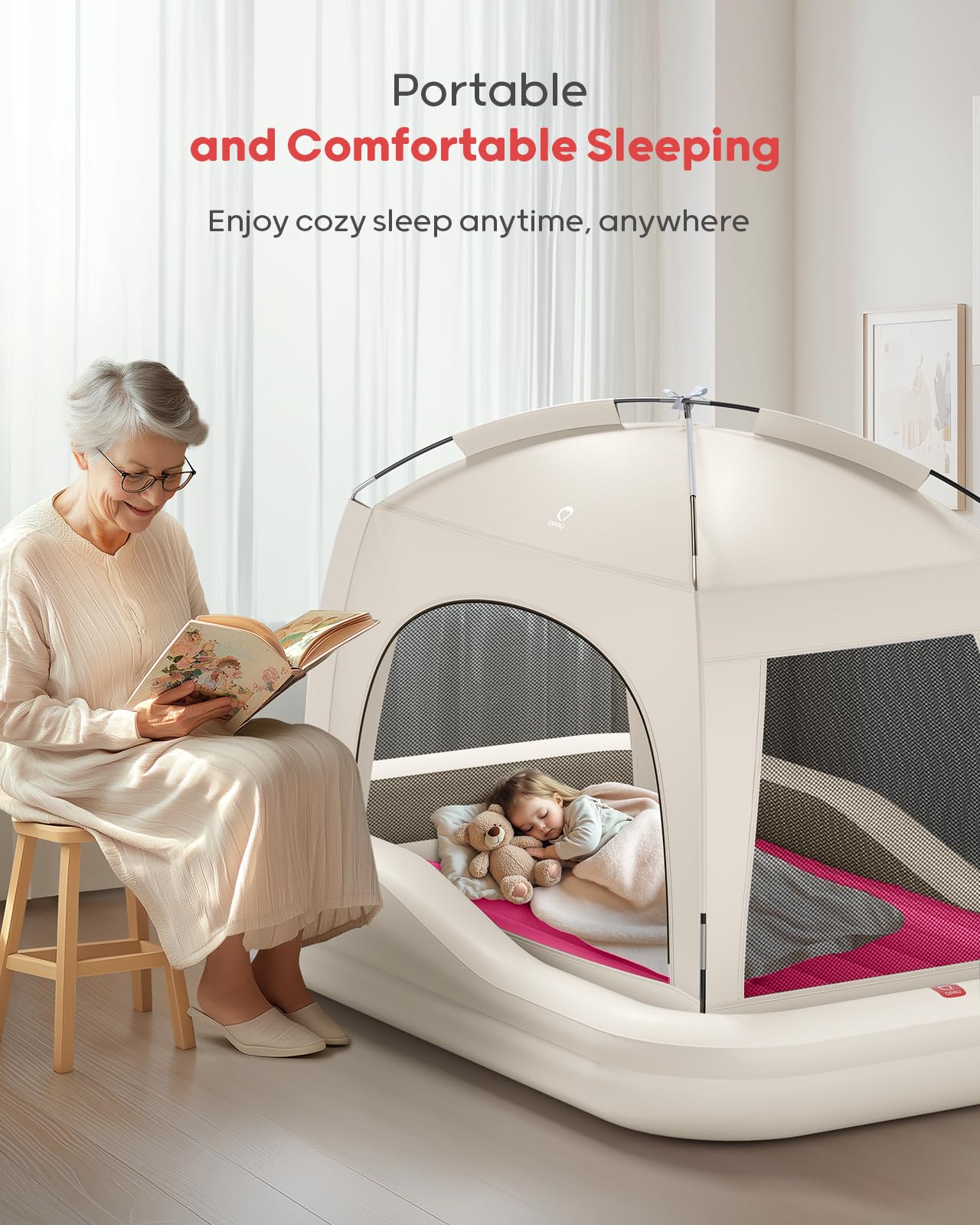 QPAU Toddler Travel Bed, color caqui y rojo