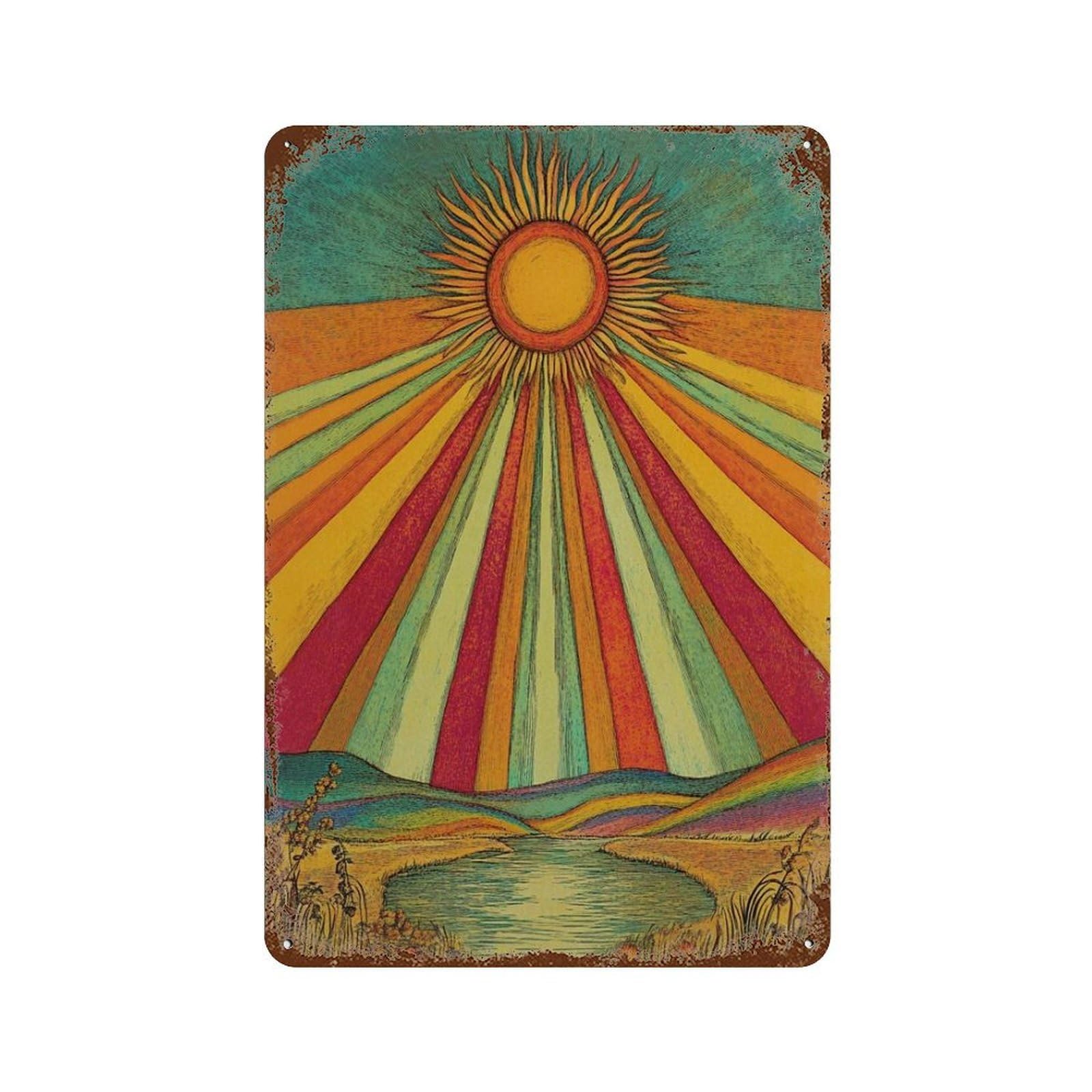 xiaoxiaoshen Psychedelic Sun Retro Rainbow Colorful Landscape Trippy Sunshine Wall Decor Art Metal Tin Poster Modern Home Decor Art Home Bar Shop Decorations Vintage Sign 30x20cm
