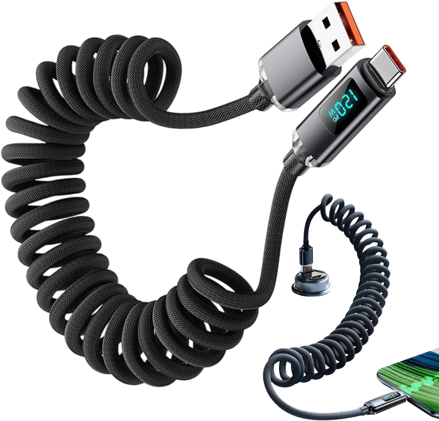 USB C Charger Cable - 120W Spring Charging Cable | 3 Ft Portable Digital Display USB C Charger Cord for Business Travel Tablet Laptop Car School Home Desk