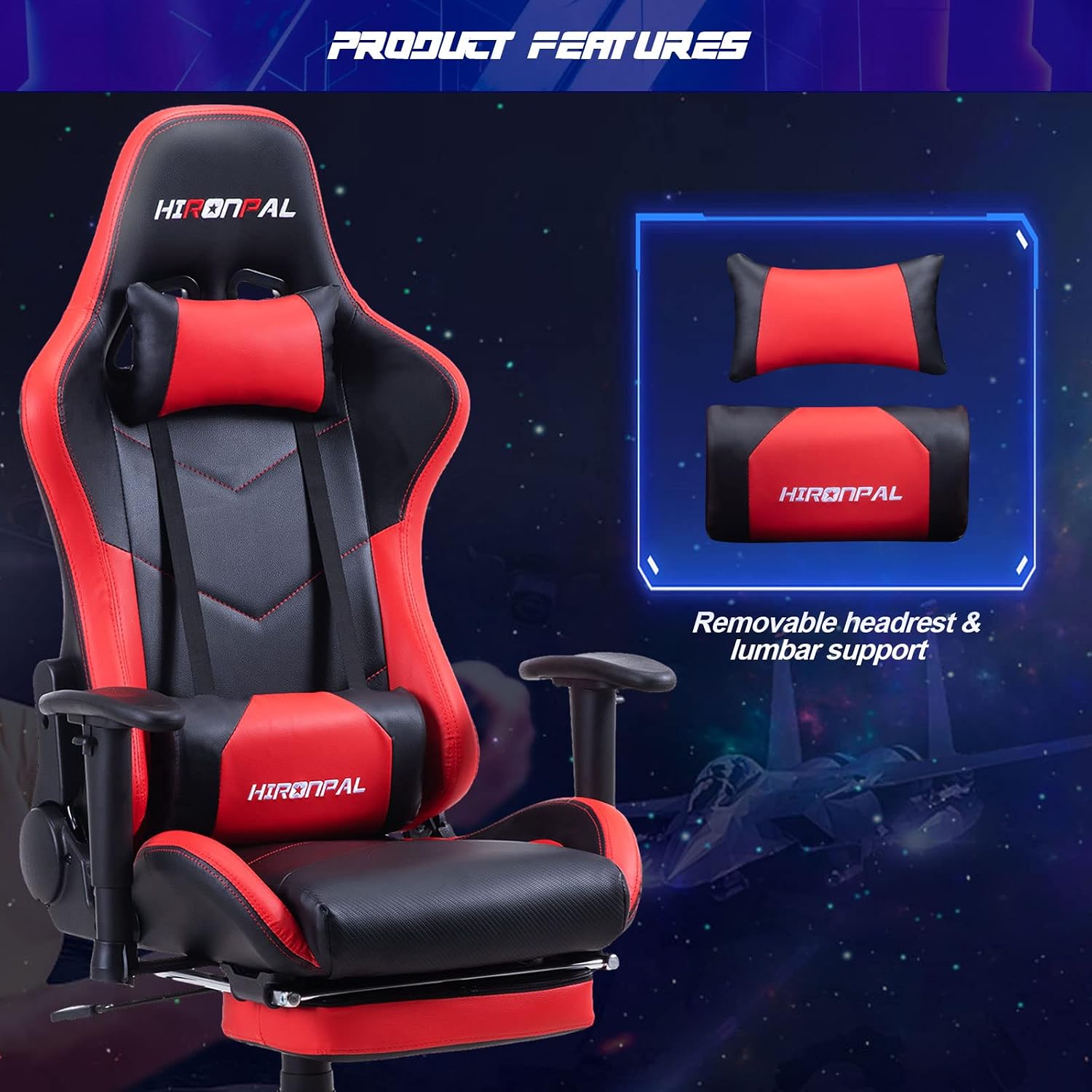 Diagram showing flexible adjustments of the Hironpal HG-5 Gaming Chair, including backrest recline, 360-degree swivel, and seat height adjustment.