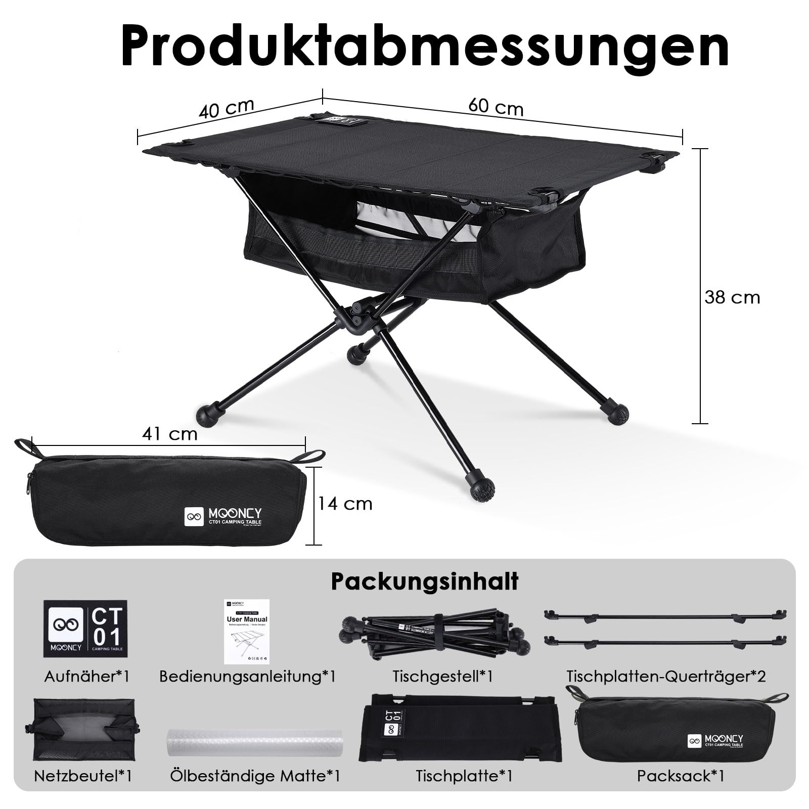 MOONCY Campingtisch Klappbar, Ultraleichter Klapptisch mit Ölbeständiger Matte und Netzbeutel, Tragbarer Picknicktisch bis 35 kg belastbar, ideal für Wandern, Angeln, Grillen und Strand