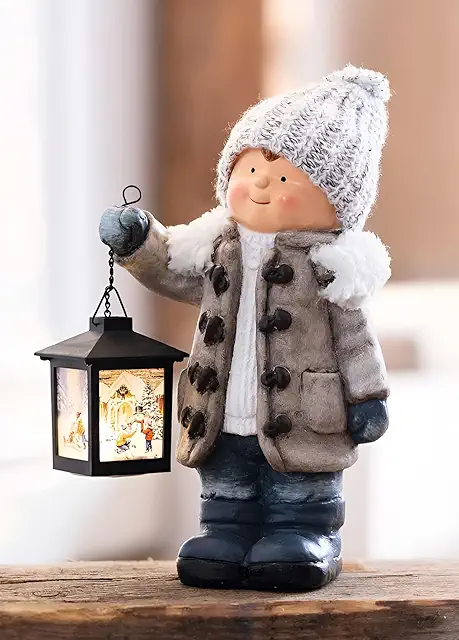 Winterkind Dekofigur Junge mit LED Laterne - 31 cm Figuren Winterkinder