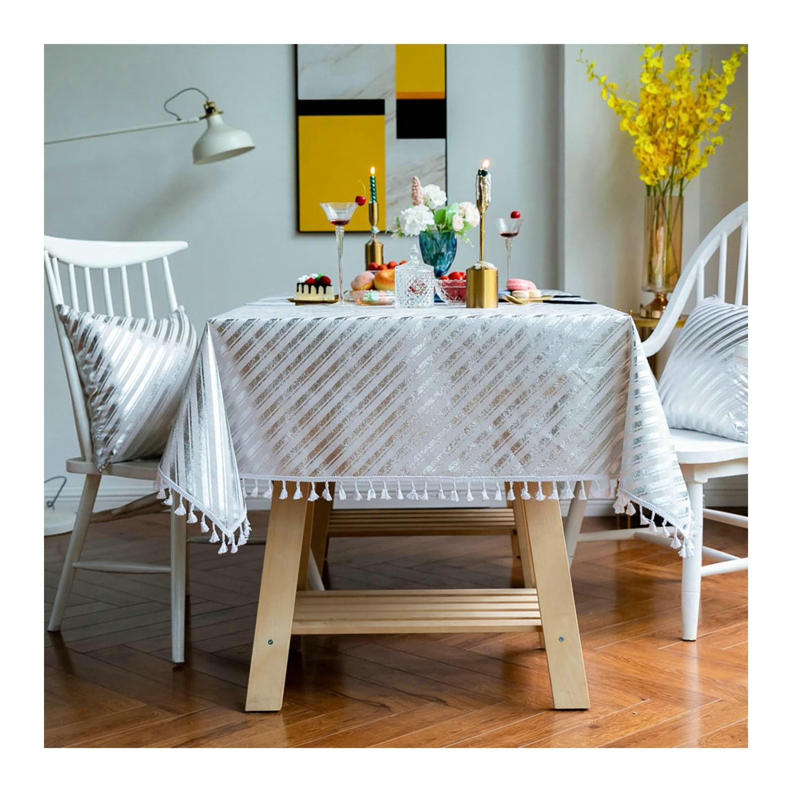 Gualiy Mantel Rectangular Algodon Lino, Mantel Mesita Salon 140x240CM Manteles Mesa Antimanchas Rayas con Borlas Mantel para Mesa Cocina, Plata