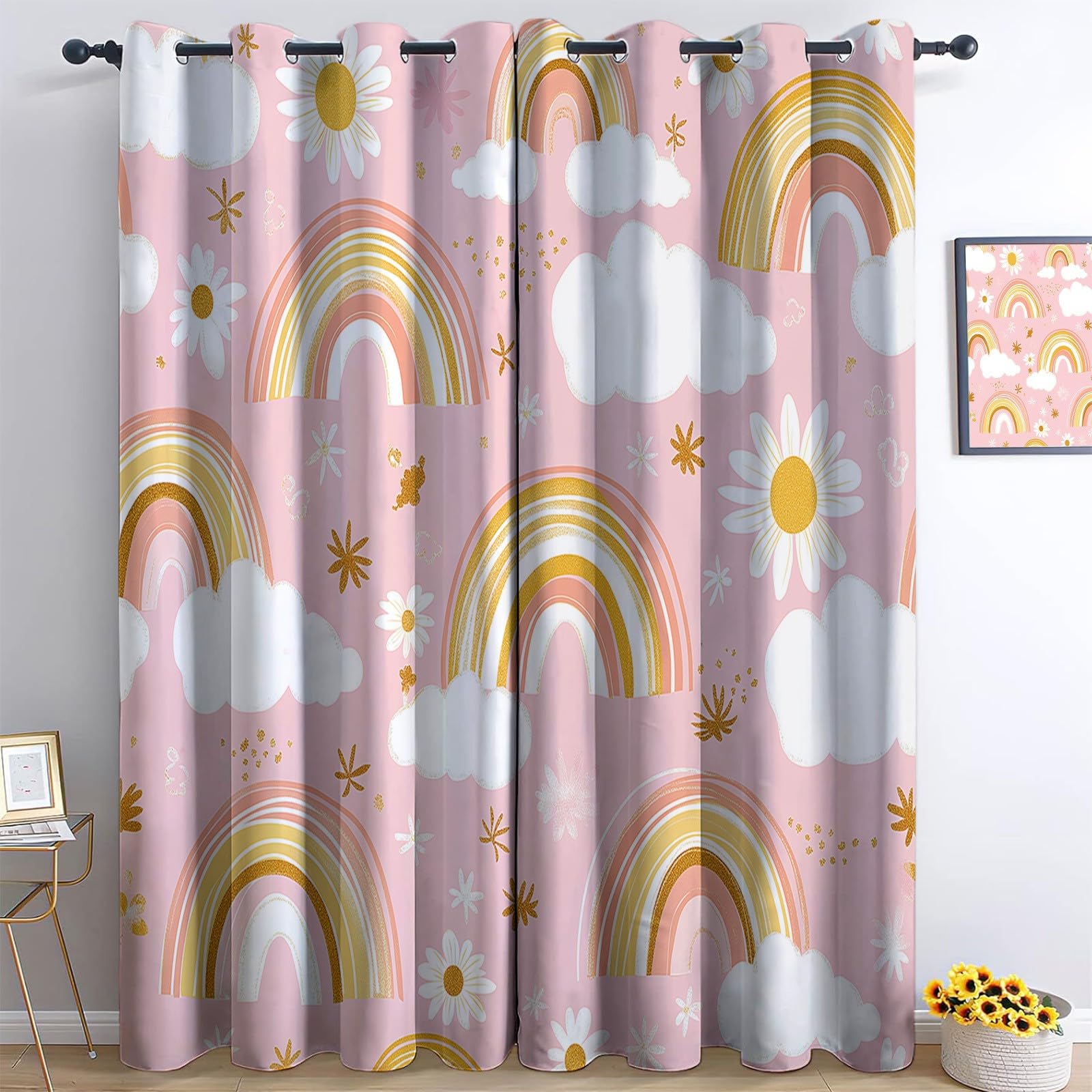 Générique Rideaux Occultants Nuages Arc en Ciel Plantes Fleurs, Rideaux Imprimé Isolant Thermique Anti Froid - Draperies Polyester Oeillet Rose pour Chambre Salon Décoration Lot de 2 110L x 215H cm