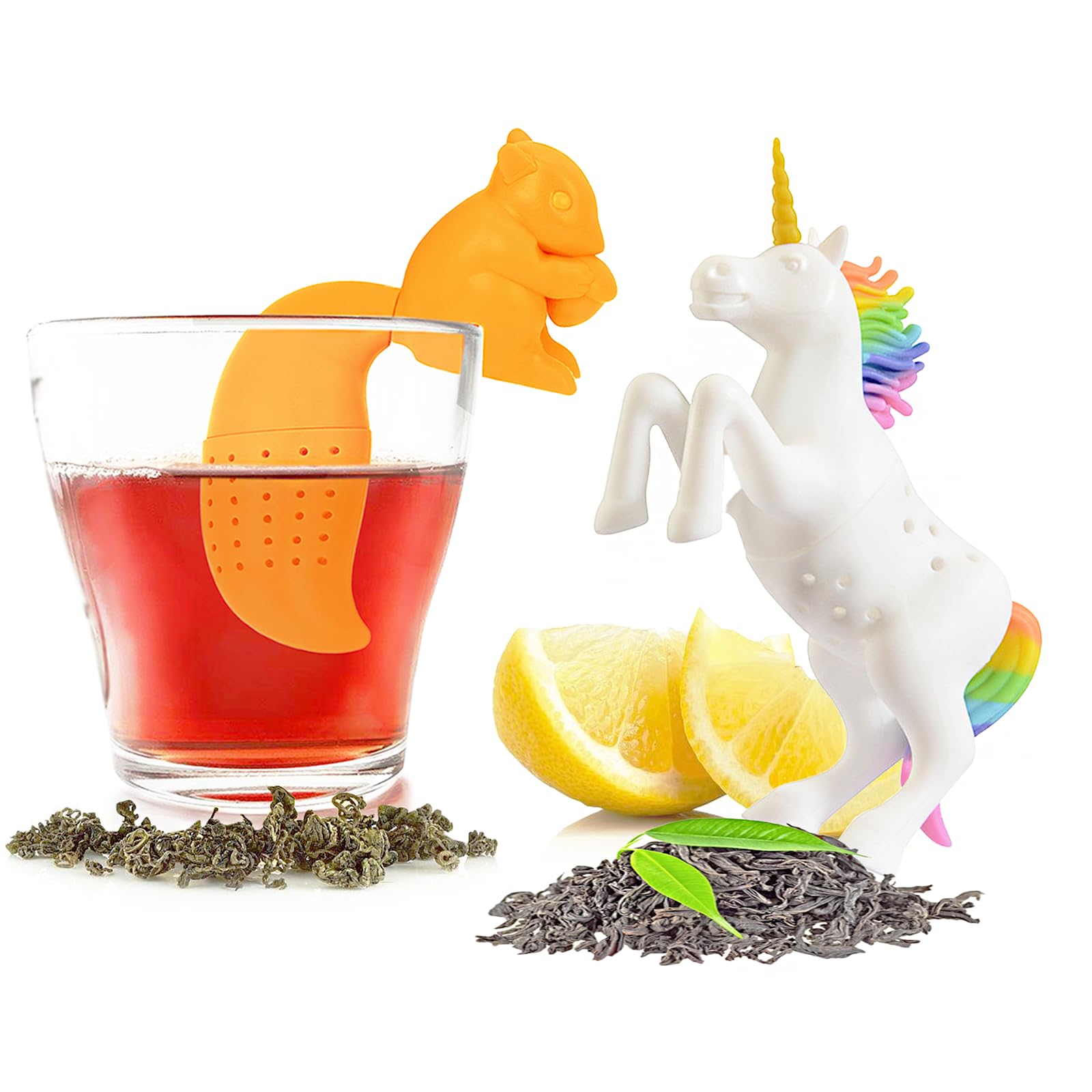 2pcs tea infuser, cute silicone tea infuser, loose tea leaf steeper, Creative design, easy to brew loose leaf tea, They are fun tea accessories for brewing tea(): Unicorn + Squirrel