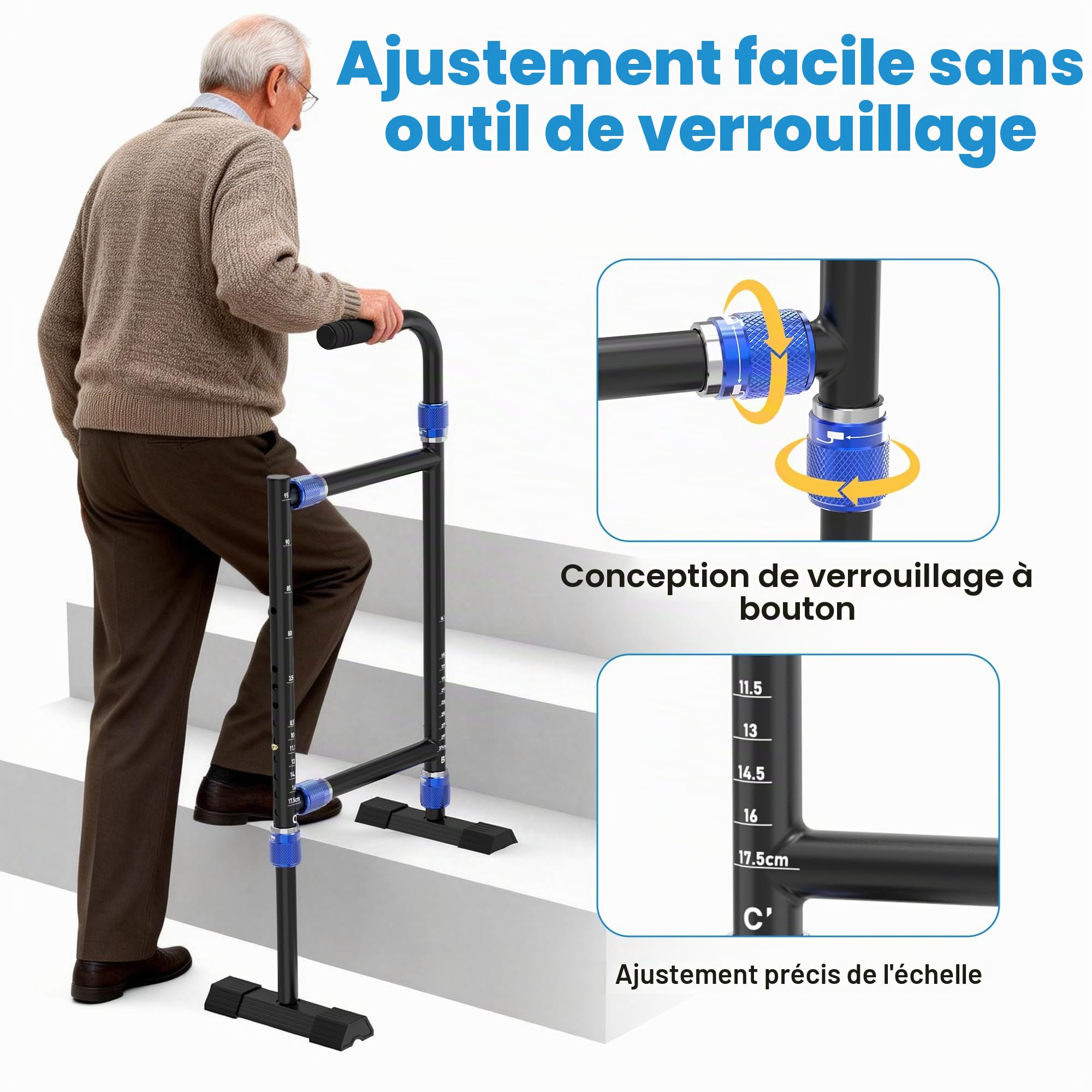 Canne d'aide à l'escalier réglable en hauteur et en largeur pour personnes âgées, personnalisable pour s'adapter à la plupart des marches d'intérieur/extérieur, large base antidérapante, canne