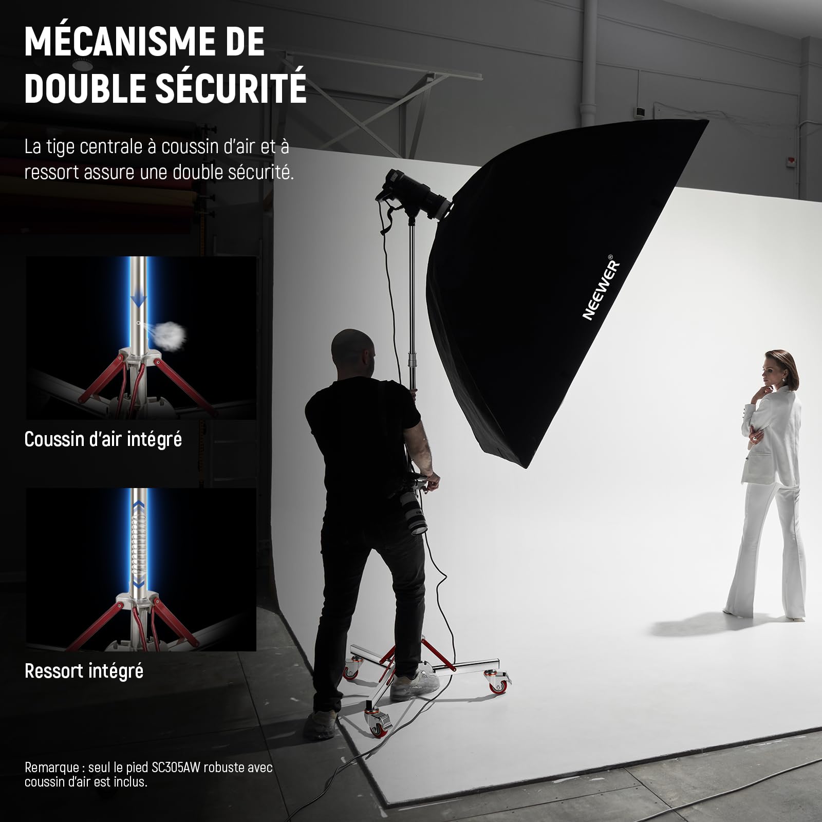 Neewer SC305AW Support d'éclairage Robuste à Coussin d'air avec roulettes, trépied réglable, Support à roulettes en Acier Inoxydable pour Flash de Studio, boîte à lumière, réflecteur monolight