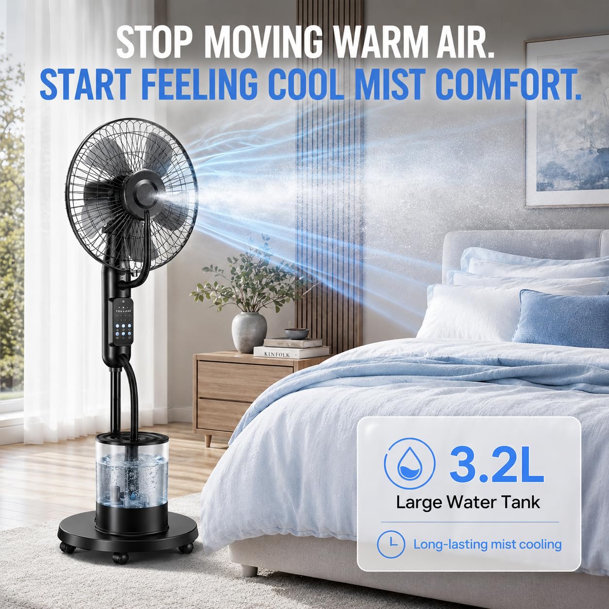 Ventilatore a Piantana Nebulizzatore 4L con Telecomando, 5 velocità | Ampio Serbatoio Acqua, 3 Modalità Raffreddamento per Casa, Camera, Ufficio, Soggiorno, Garage, Terrazza e Estate Esterni