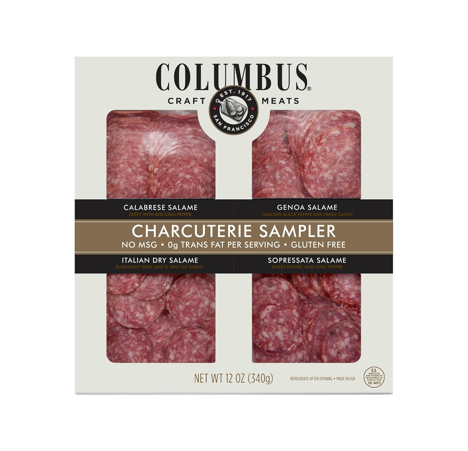 Columbus Sliced Charcuterie Sampler Salami - Calabrese, Genoa, Italian Dry & Soppressata, Gluten-Free No MSG, 12oz Ready-to-Eat Deli Meats