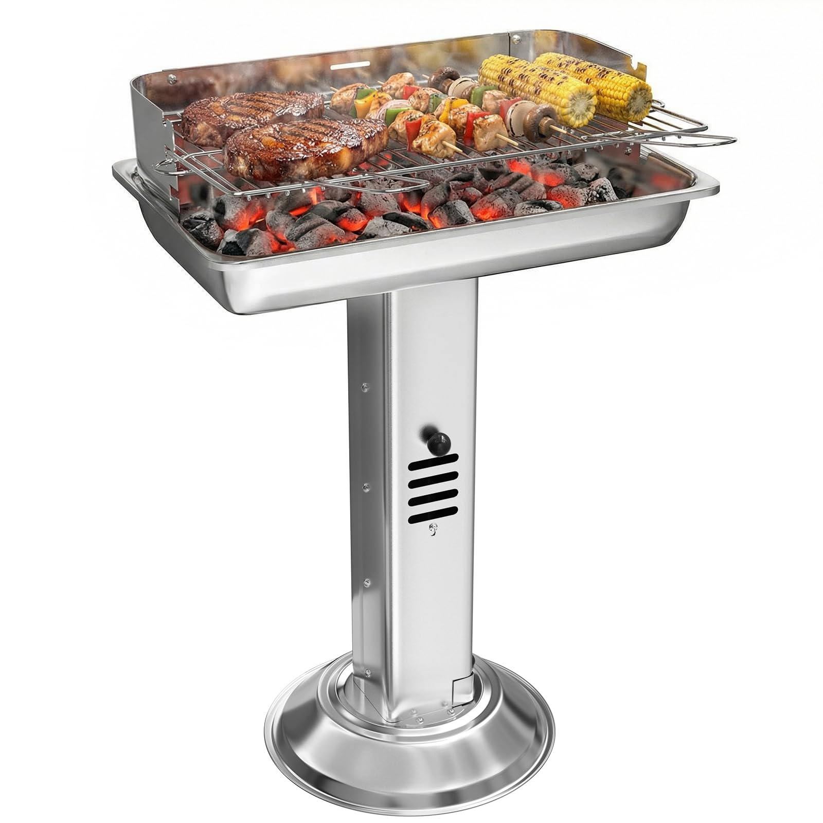 TLGREEN Barbecue à charbon de bois en acier inoxydable, Barbecue à colonne 52*32*84cm, Hauteur réglable en 3 directions, avec grille de chromée, ventilation et Cendrier, Plage, Outdoor, Camping, BBQ
