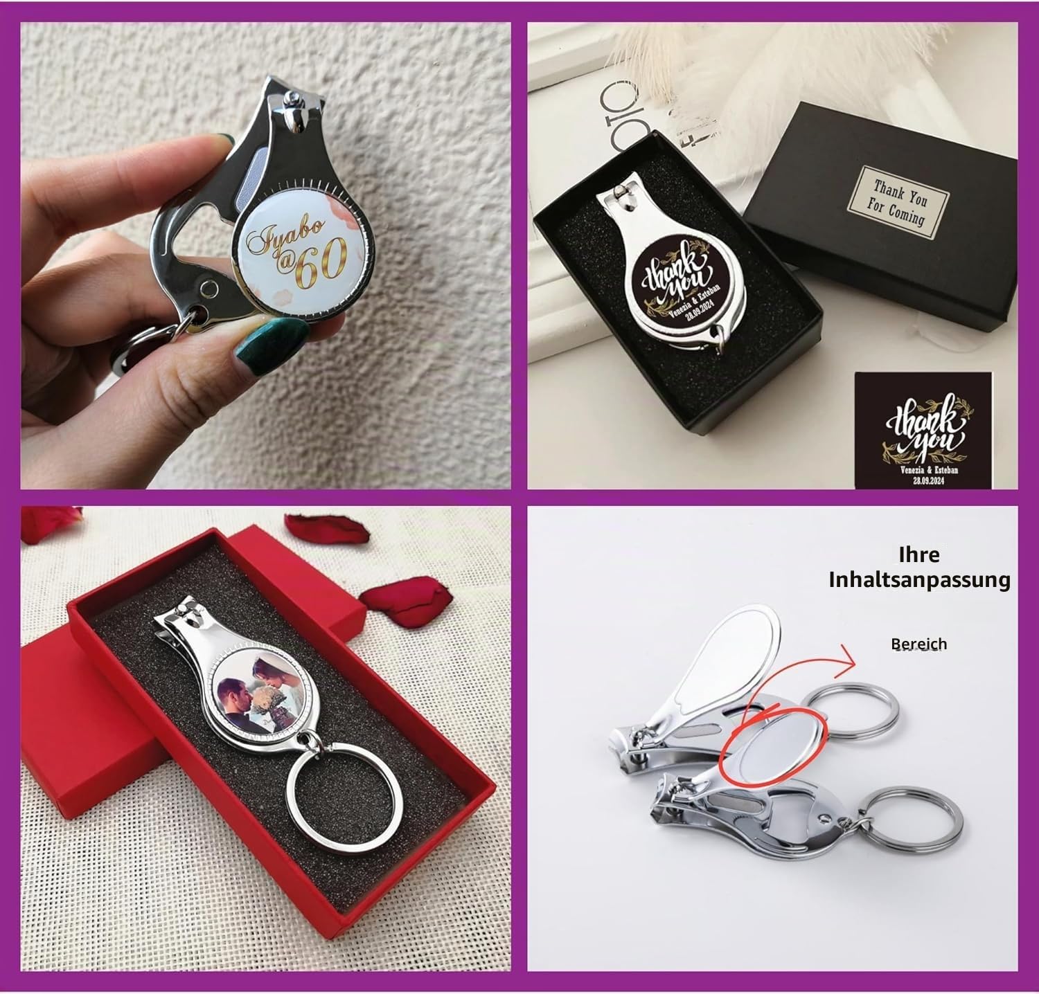 100 Personalisierter Flaschenöffner, Nagelknipser, Schlüsselanhänger, individuelles Logo/Foto/Text, Partygeschenke mit Dankeskarten und Organza-Beuteln, Hochzeit, Geburtstag, Babyparty, Werbegeschenke