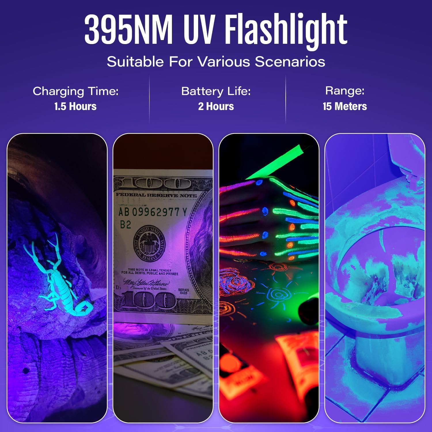 MOWETOO UV Torch Rechargeable - Mini LED UV Lamp Black Light Flashlight, 395nm Zoomable Ultraviolet Light Torch for Pet Urine Testing, Banknote Inspection — view 7