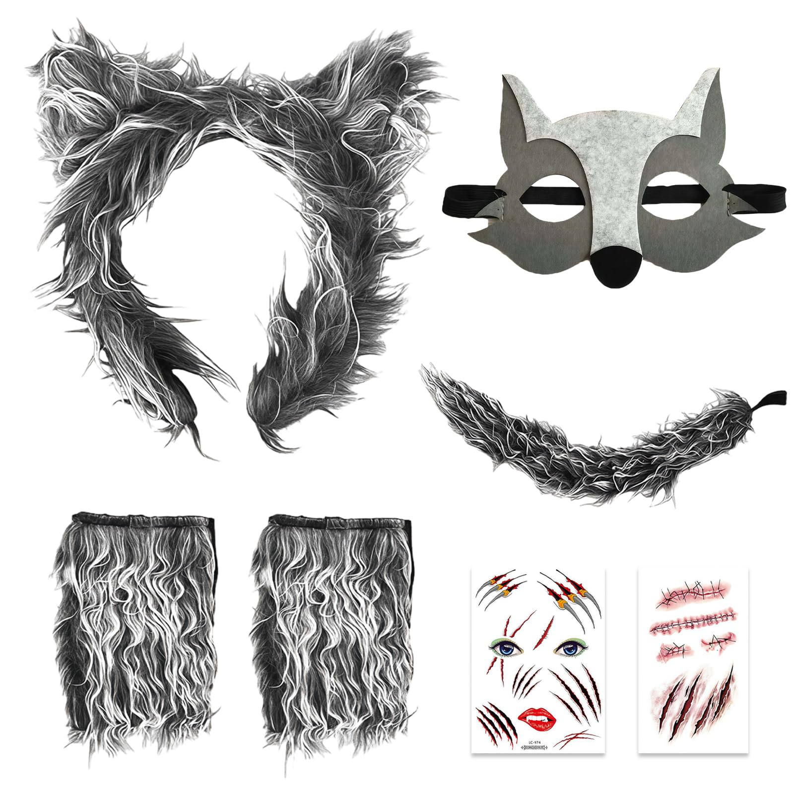 AYNKH 7 Pieces Grey Wolf Costume, Animal Fancy Dress Set with Wolf Ears and Tail, Gloves and Mask, Furry Werewolf Accessories for Carnival, Halloween and World Book Day