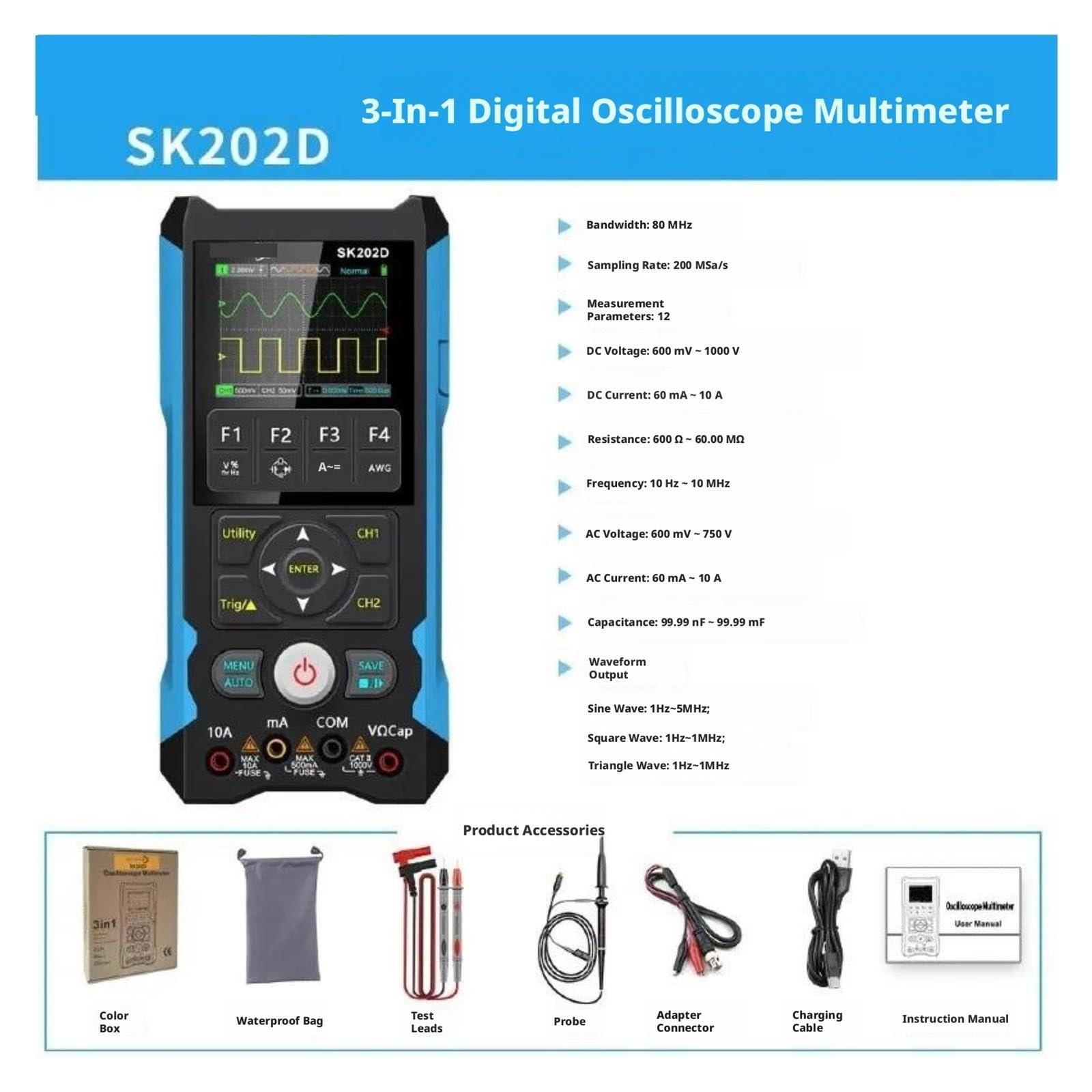 Osciloscopio Digital Multímetro Digital 3 en 1 Generador de señal osciloscopio 80MHz 200MSa/s 6000 Cuentas True RMS