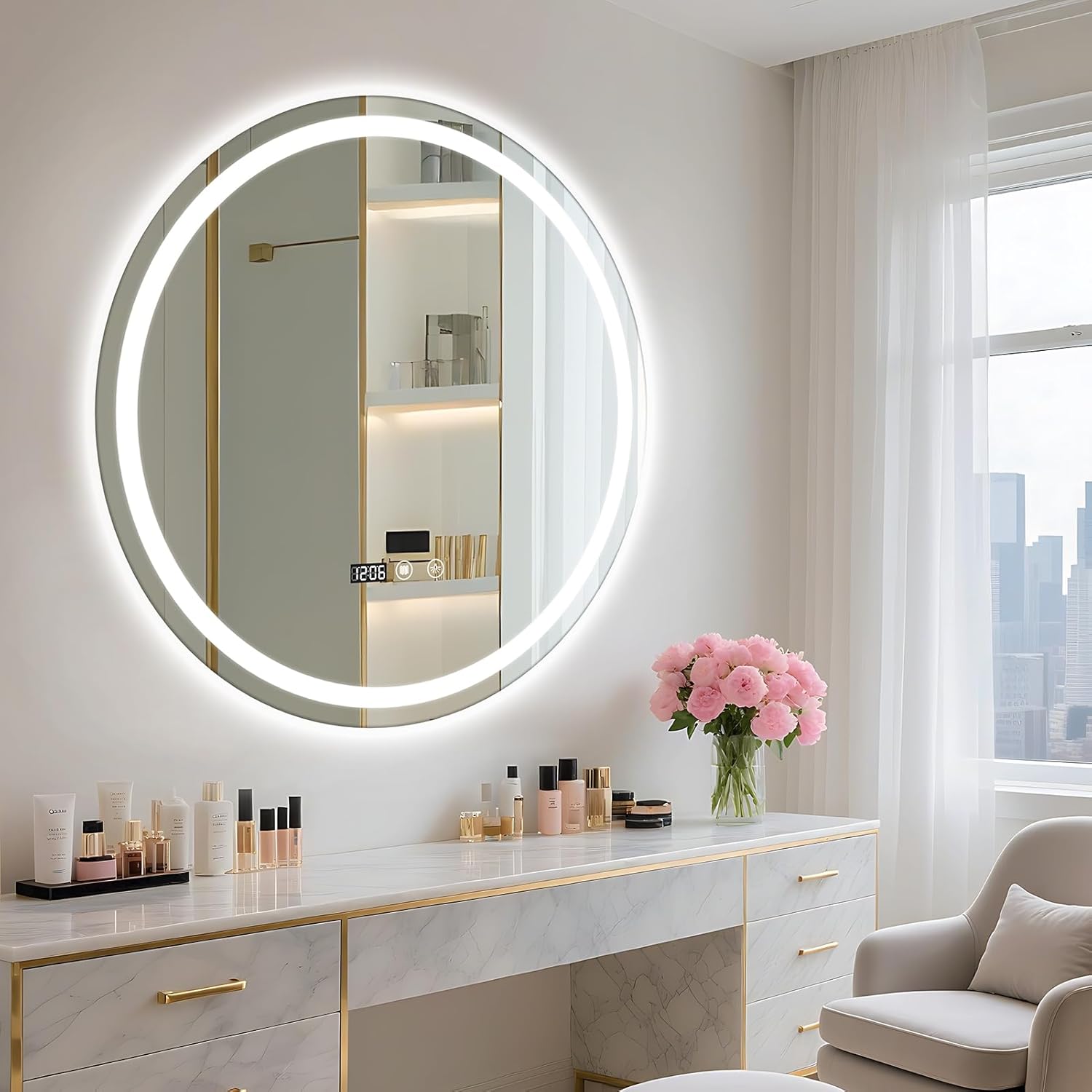 24" Round LED Bathroom Mirror with Anti-Fog & Touch Switch - 60x60cm Wall-Mounted Makeup Vanity Mirror, No Drilling Required, Smart Display Bathroom Mirror