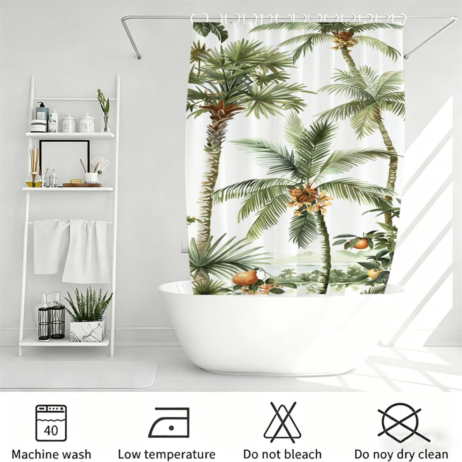 Weiß Duschvorhang 180x180cm,Duschvorhänge Kokospalmen,Bedruckt mit Kunststoffhaken,Badezimmerdekor Vorhang,Wasserdicht Shower Curtains,für Badezimmer,Badewanne,Schlafsaal,Hotel Dekorieren J-774