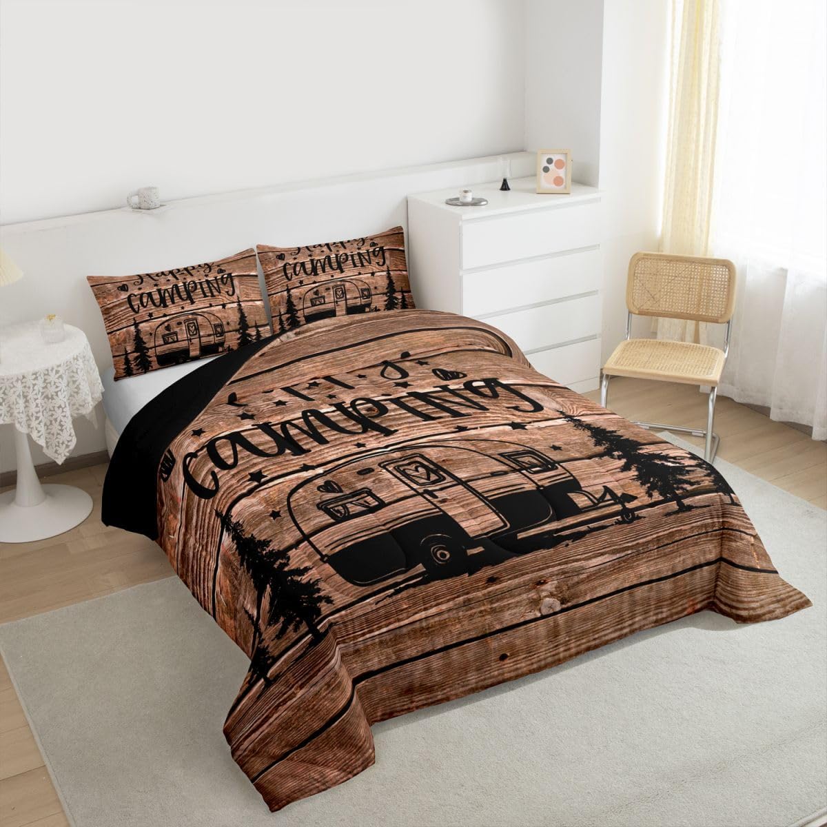 Camping Comforter Set Rv Queen, Rustic Camper Bedding Set Camping Gift For Women Decor, Brown Vintage Barn Door Duvet Insert Cabin Decor Country Farmhouse Wooden Planks Down Comforter, 2 Pillow Cases