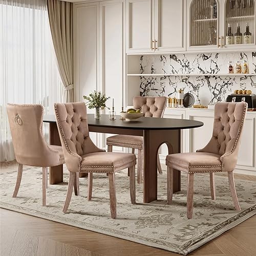 Juego de 4 sillas de comedor tapizadas de terciopelo, sillas laterales de cocina de estilo moderno con ribete de cabeza de clavo y patas de madera,