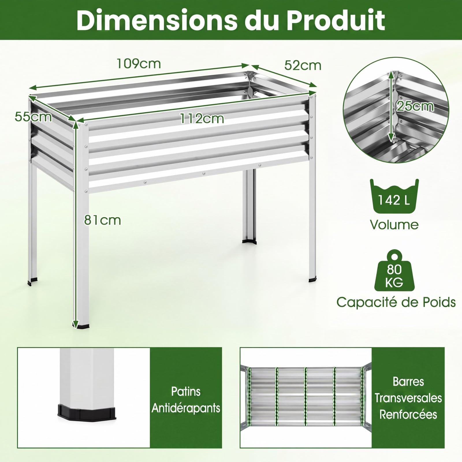 COSTWAY Jardinière Surélevée en Métal 142 L, Carré Potager sur Pied avec Trous Drainage, pour Balcon Terrasse Cour, Lit de Jardin Surélevé pour Légumes Fleurs Fruits, 112 x 55 x 81 cm (Argent)