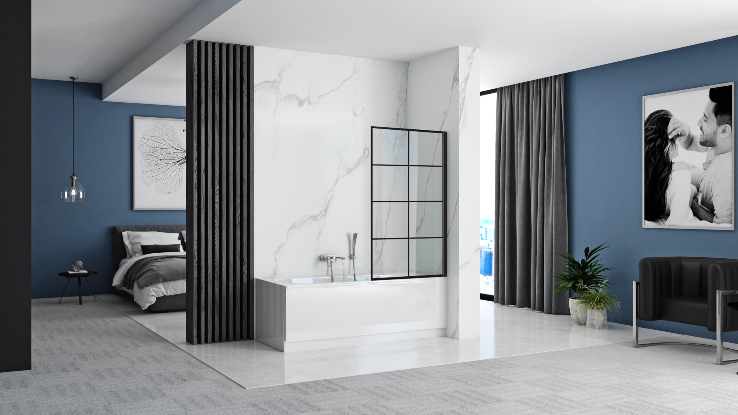 Rea Mampara de bañera Lagos-1 Fix Negro Mampara de bañera sobre pared 80 x 140 cm, cristal de seguridad 5 mm (Acabado perfil: Negro)
