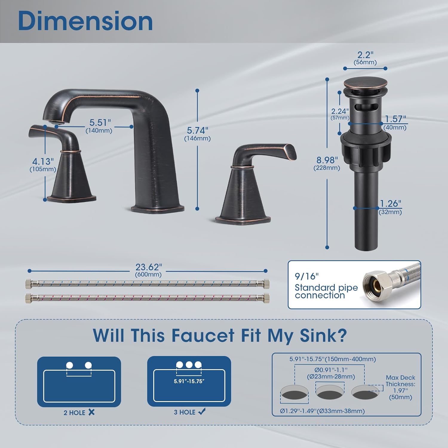 Widespread Bathroom Sink Faucet, Oil-Rubbed Bronze Bathroom Faucet 3 Hole，Brass Vanity Faucet with Pop Up Drain and 2 Supply Lines - Image 7