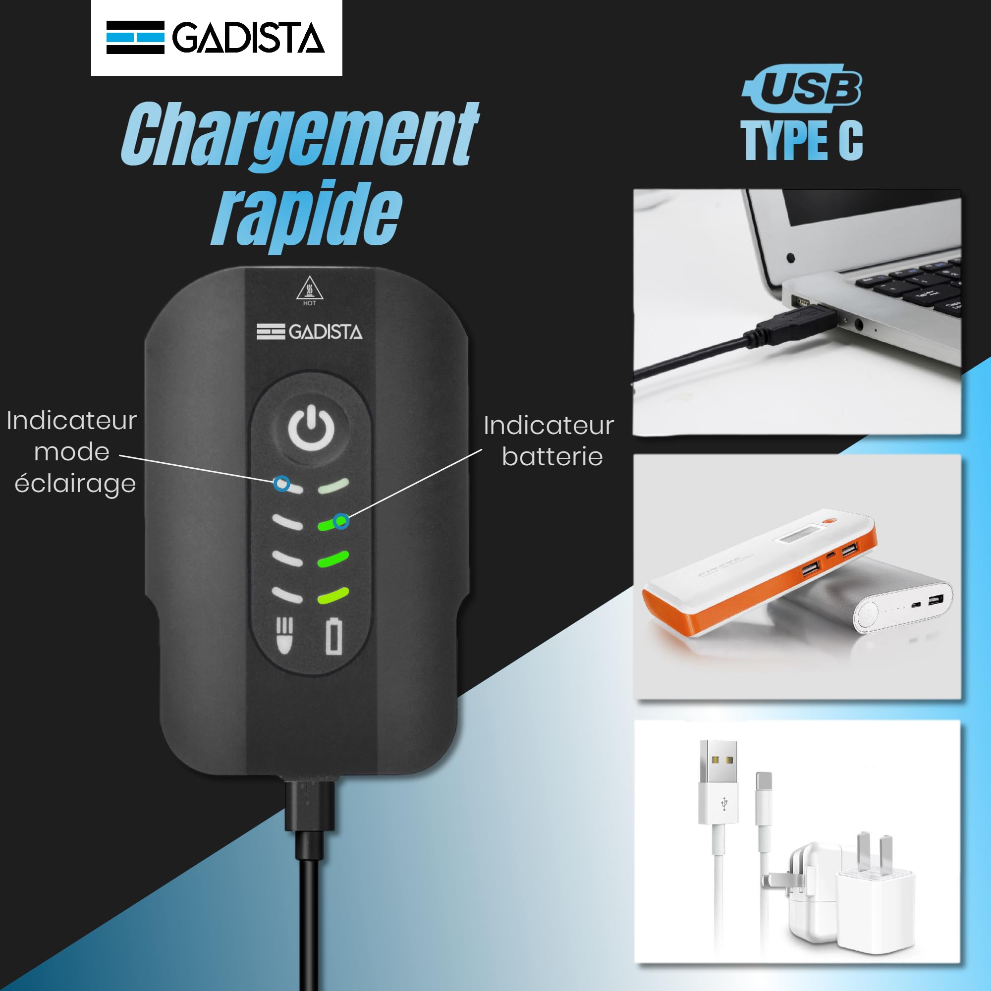 GADISTA France, Lumiere Velo Avant et feu Arriere Velo intégré 2en1, Lampe Velo LED puissantes Rechargeable USB, Eclairage Velo a LED Puissant, Accessoire Velo, Accessoire Trottinette Electrique