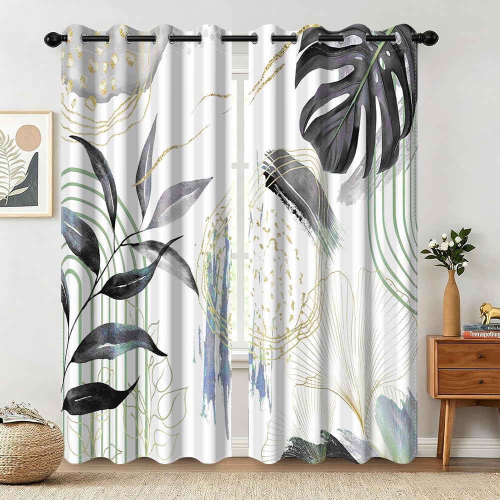 Rideaux Occultant Noir, Rideaux Occultant Tropical Boheme Feuilles de Palmier Rideau Thermiques Isolants Anti Froid et Chaleur Rideau à Oeillets pour Chambre Fenêtre, Lot de 2, 140x200cm